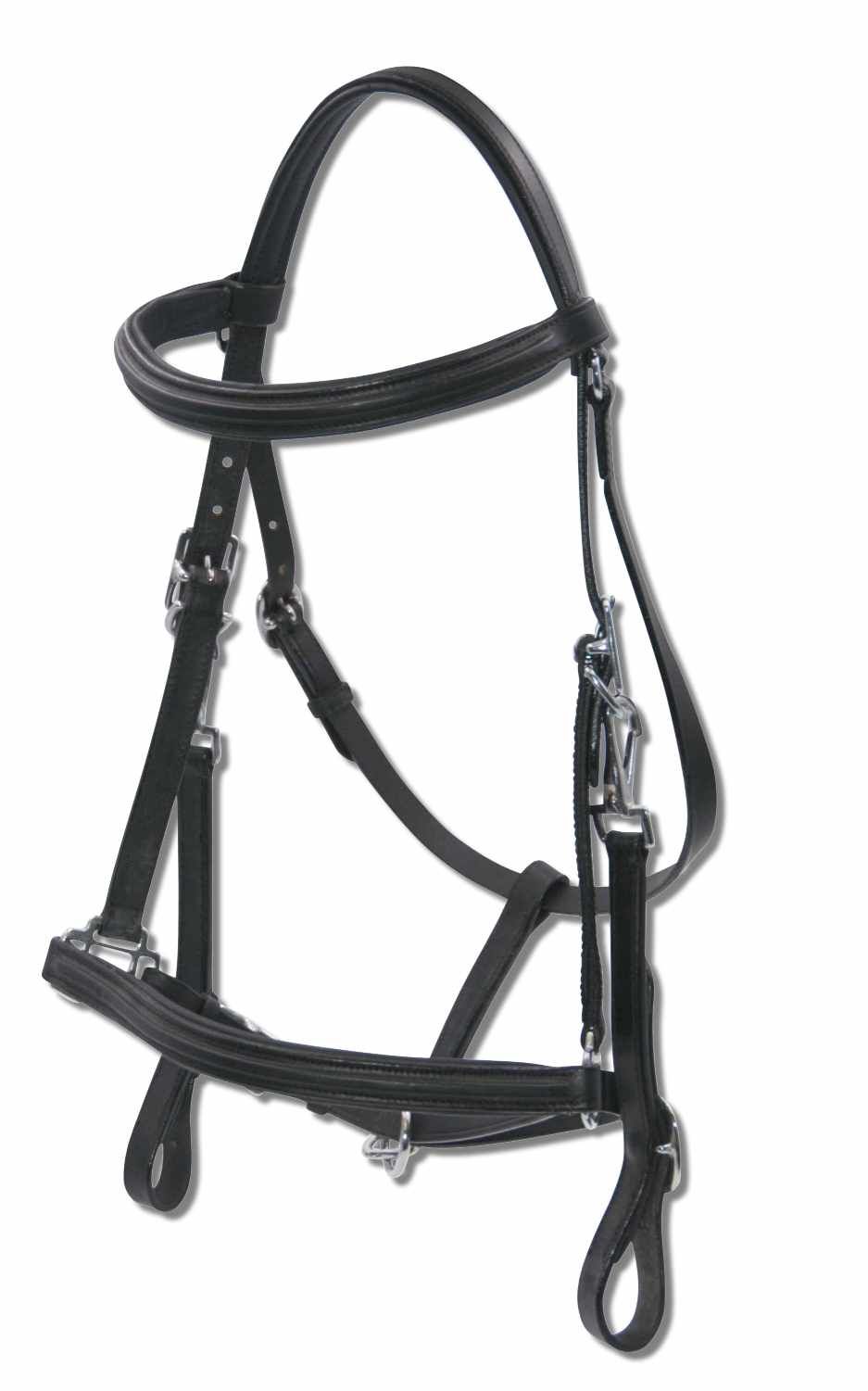 Schwarzes Zaumzeug mit Lederriemen und Metallbeschlägen.