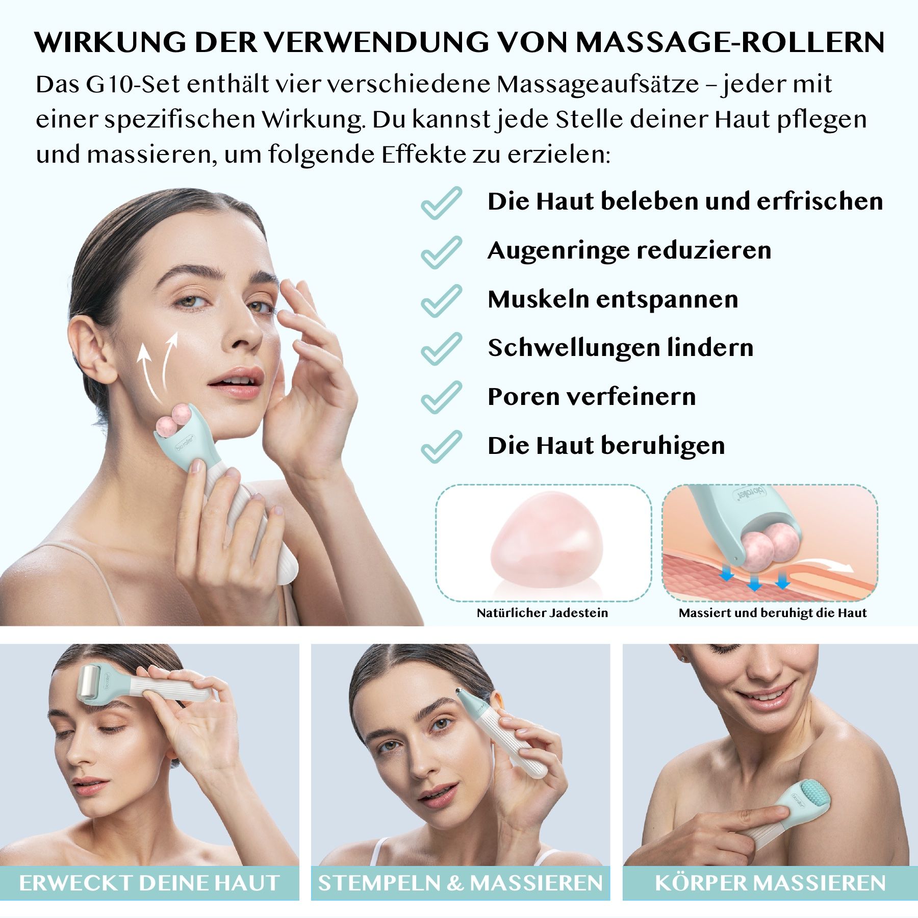 Frau mit Dermaroller. Text: 'WIRKUNG DER VERWENDUNG VON MASSAGE-ROLLERN'. Verschiedene Massageaufsätze und Jade-Stein.