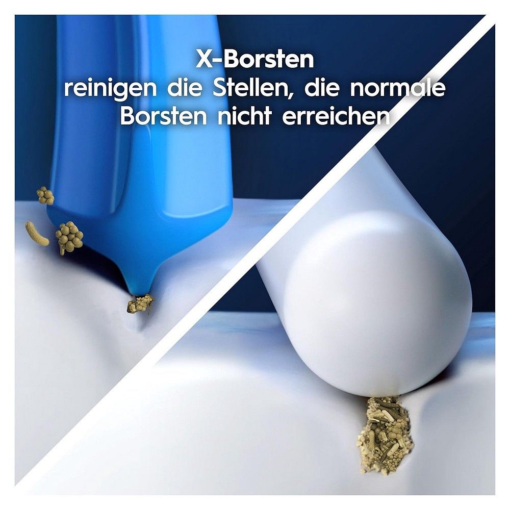 Illustration zeigt X-Borsten, die schwer erreichbare Stellen reinigen.