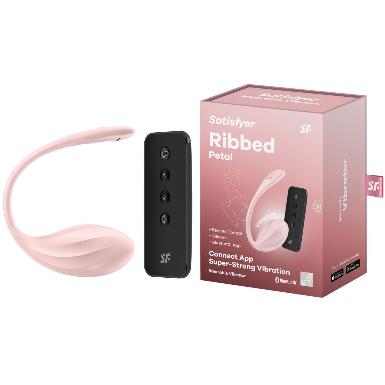 Rosa Vibrator, Fernbedienung und Verpackung. Text: Ribbed Petal, Vibrator, App.