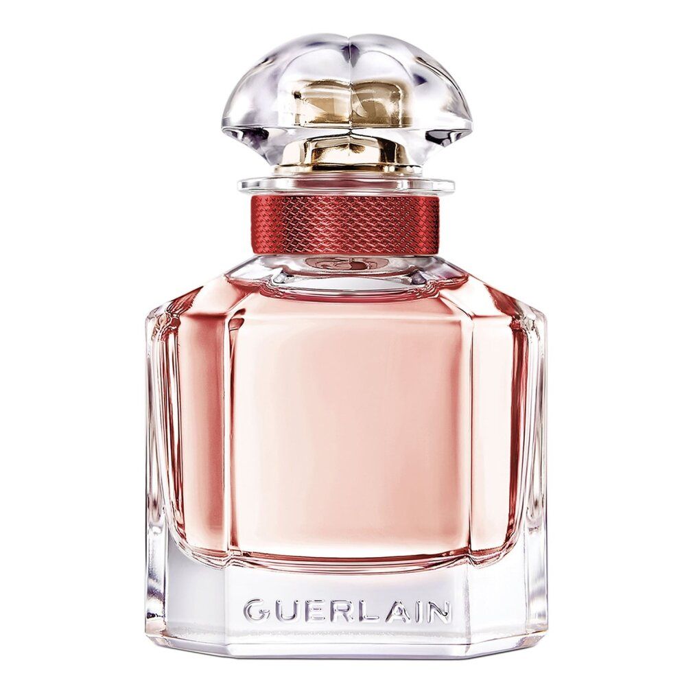 Mon Guerlain Eau de Toilette Bloom of Rose Flakon. Quadratische Form, rosa Flüssigkeit, transparenter Deckel. Goldener Hals.