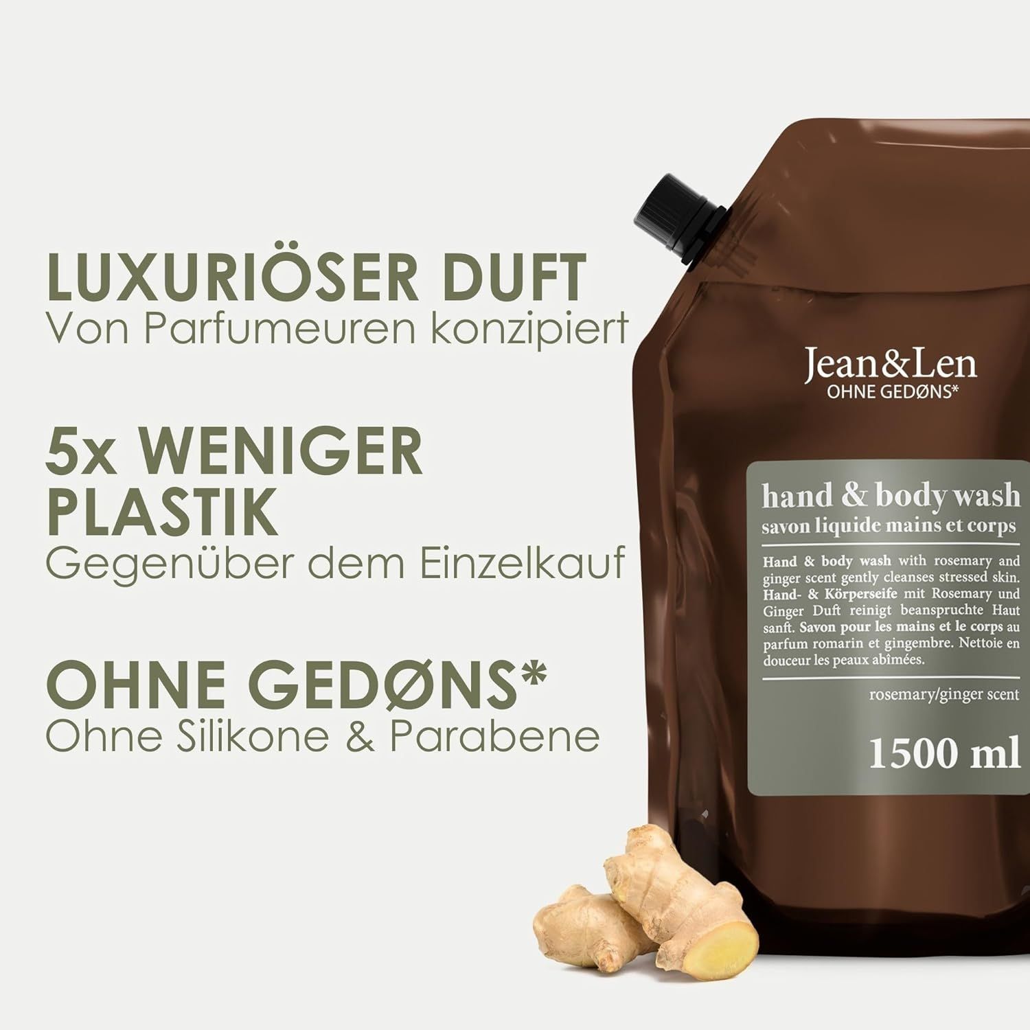 Braune Nachfüllpackung Hand & Body Wash mit 1500 ml. Text: 5x weniger Plastik. Ingwer daneben.
