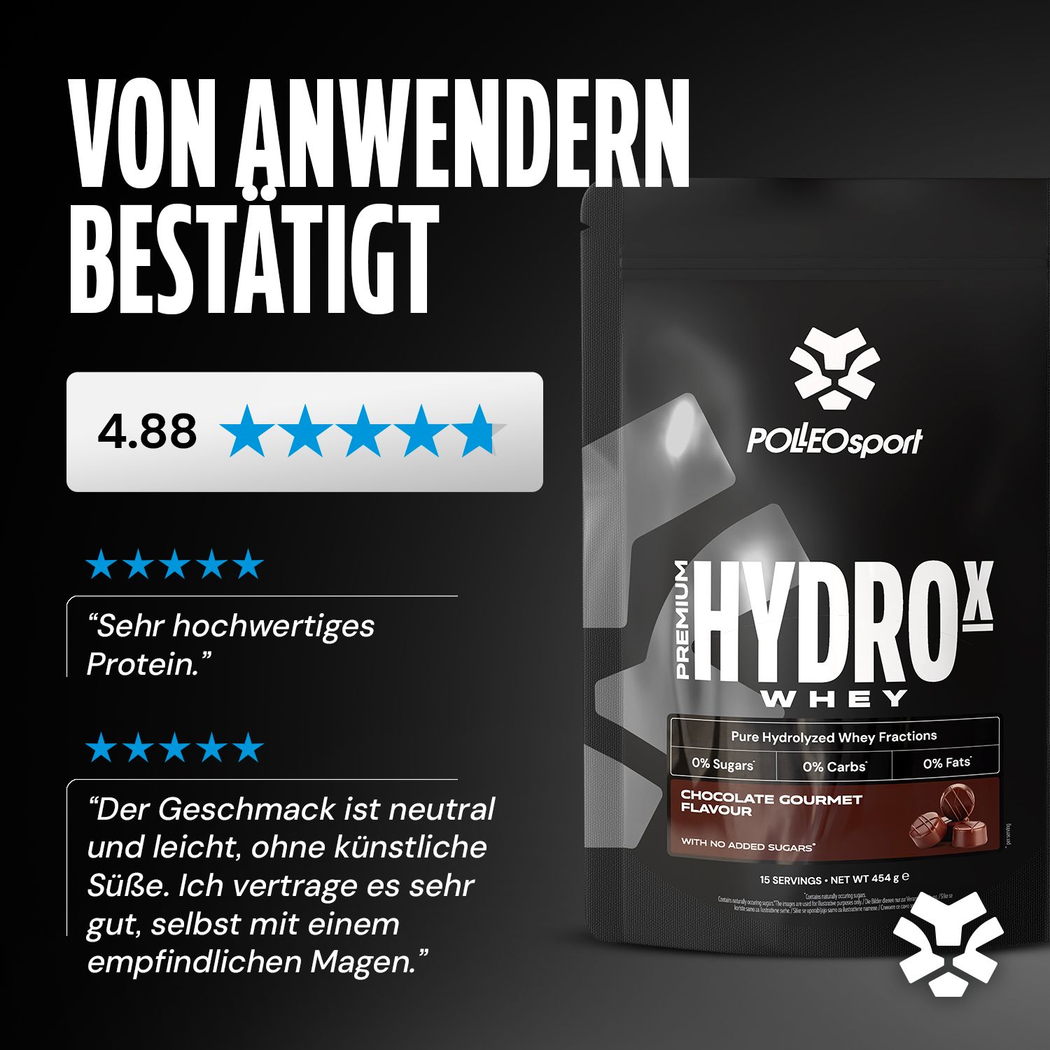 Schwarze HydroX Whey Verpackung mit 4.88 Sterne Bewertung. Text: Premium, HydroX Whey, Chocolate Gourmet Flavour, 0% Zucker.