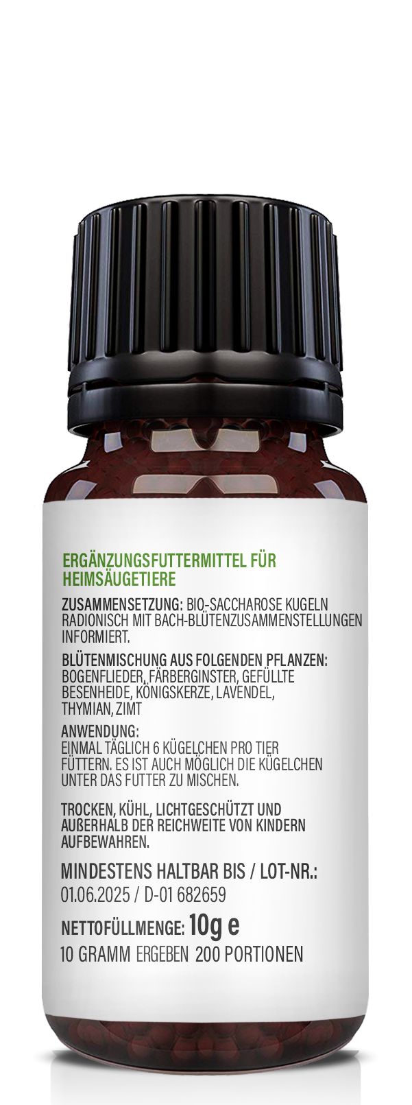 Rückseite der Flasche. Text: Ergänzungsfuttermittel für Haustiere. Zusammensetzung, Anwendung, Mindestens haltbar bis, Nettogewicht 10g.