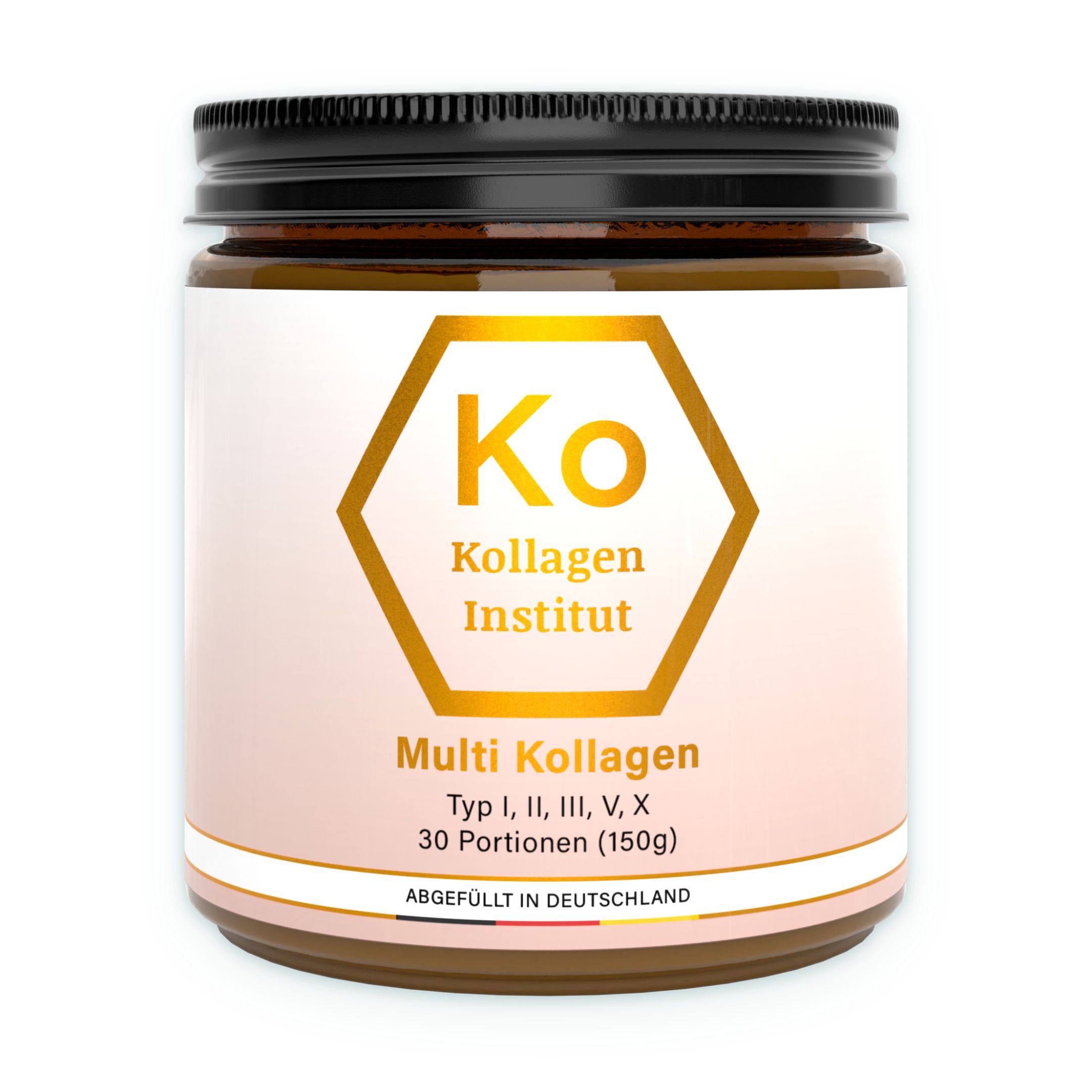 Braunes Glas mit weißem Etikett, Kollagen Pulver. Enthält Typ I, II, III, V, X. 30 Portionen (150g). Abgefüllt in Deutschland.