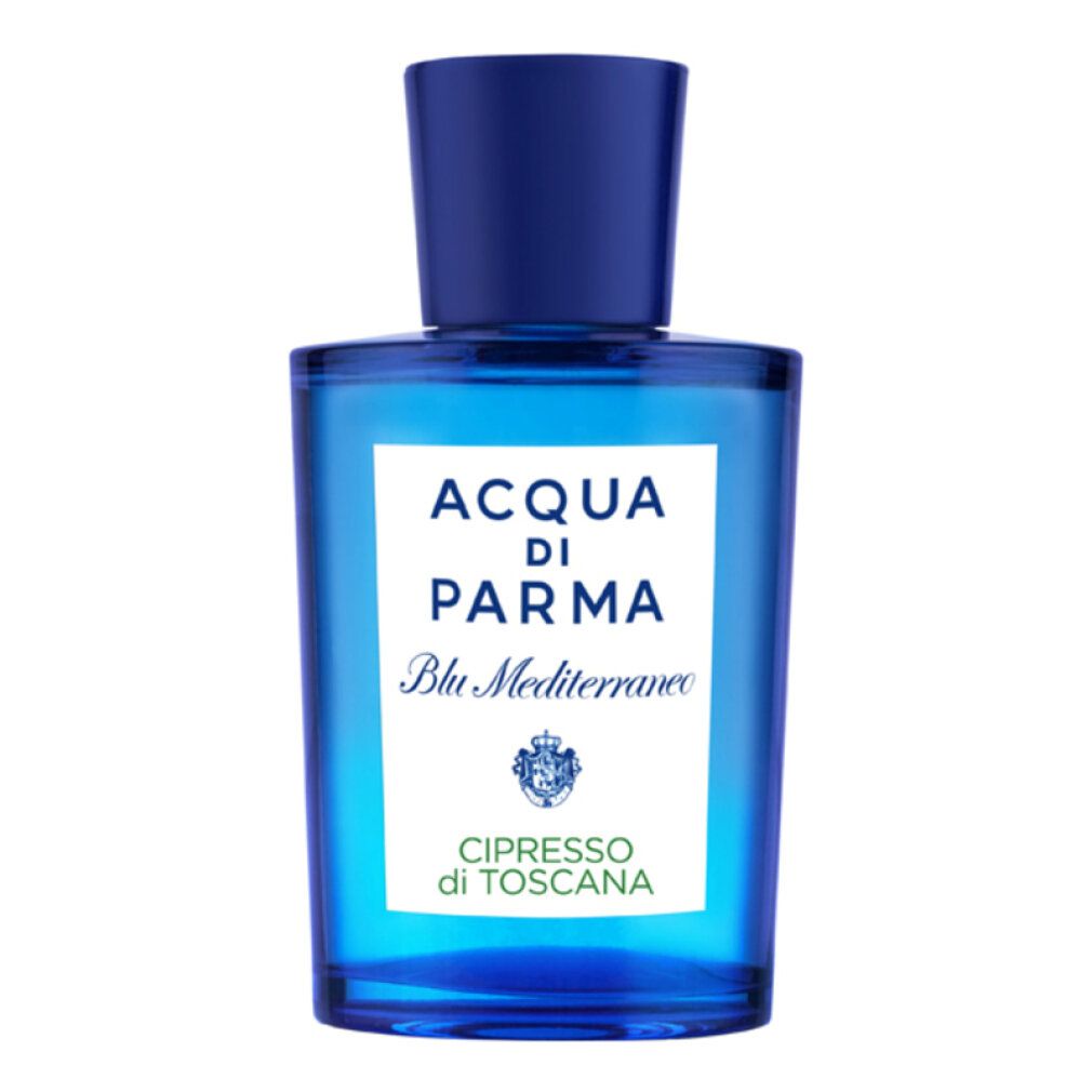 Blaues Parfümflakon mit weißem Etikett. Aufschrift: Acqua di Parma Blu Mediterraneo Cipresso di Toscana.