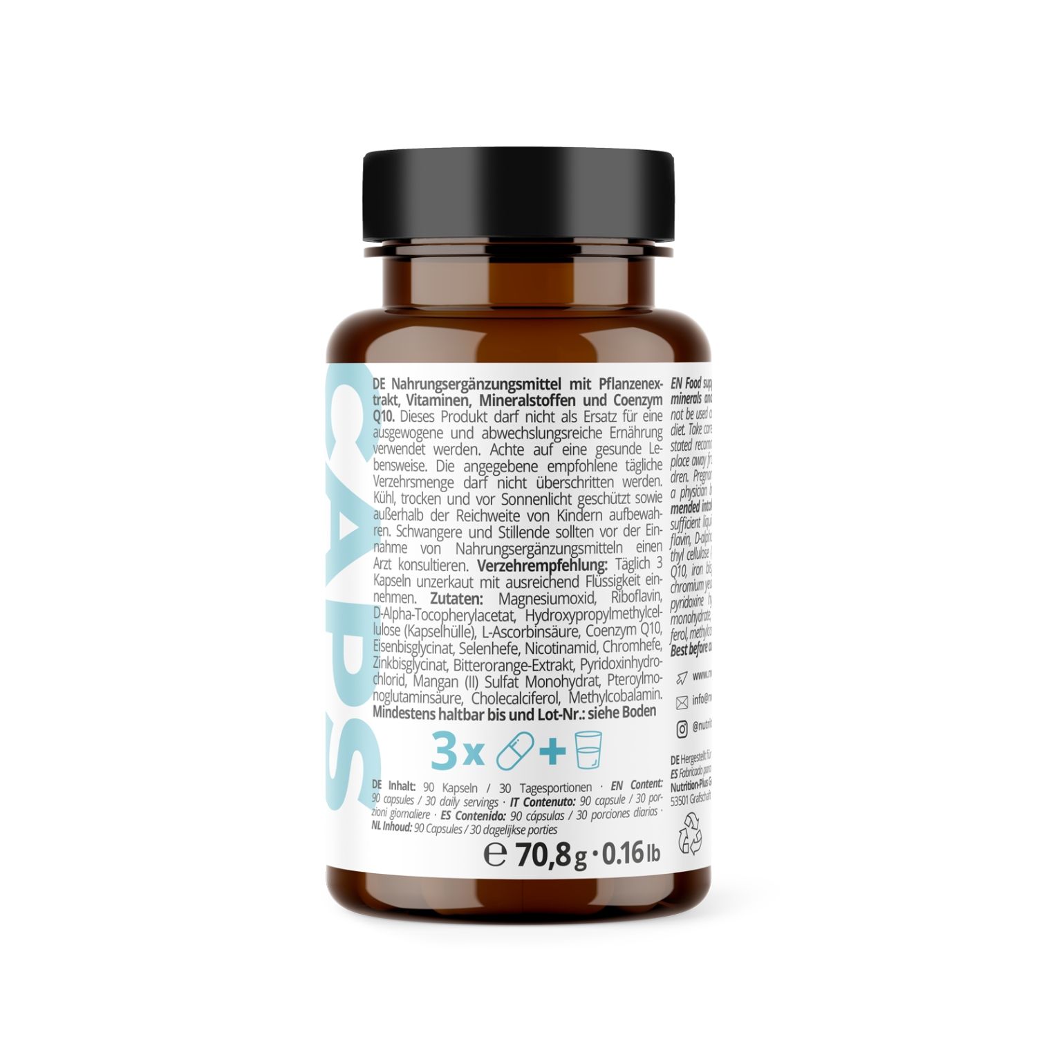 Braune Flasche mit schwarzem Deckel. Aufschrift: CAPS, 3x+, 90 Kapseln, 70,8g. Text: Nahrungsergänzungsmittel mit Pflanzenextrakten.