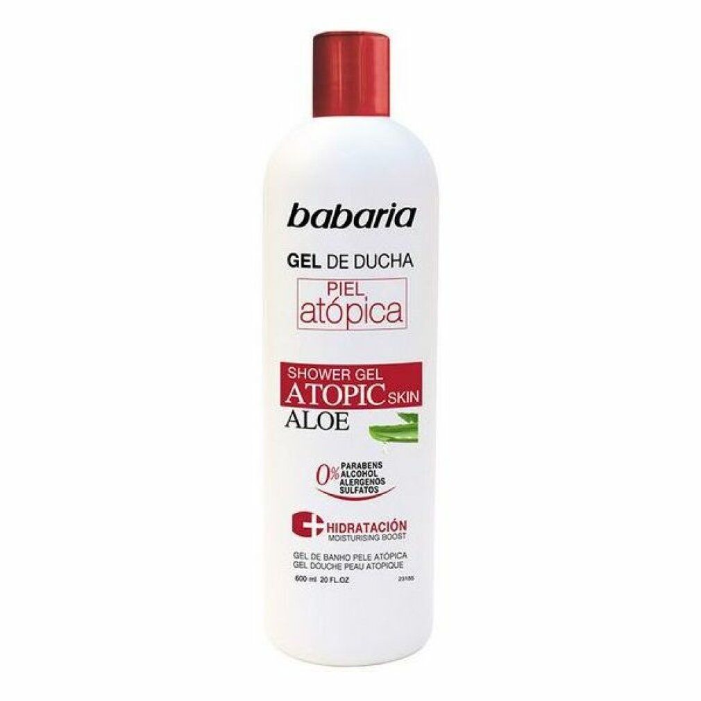Weißes Duschgel mit rotem Deckel. Text: Babaria, Gel de Ducha, Piel Atópica, Aloe. 0% Parabene, Alkohol, Allergene, Sulfaten.