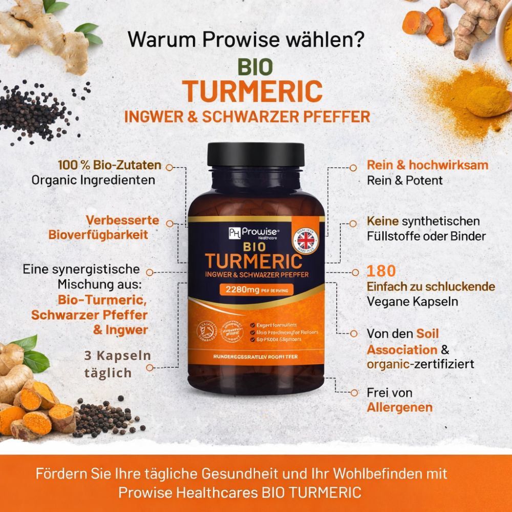 Produktabbildung mit Zutaten und Produktflasche. Text: Bio Turmeric, Ingwer & schwarzer Pfeffer, 180 Kapseln, 2280mg. Bio-Zertifizierung.
