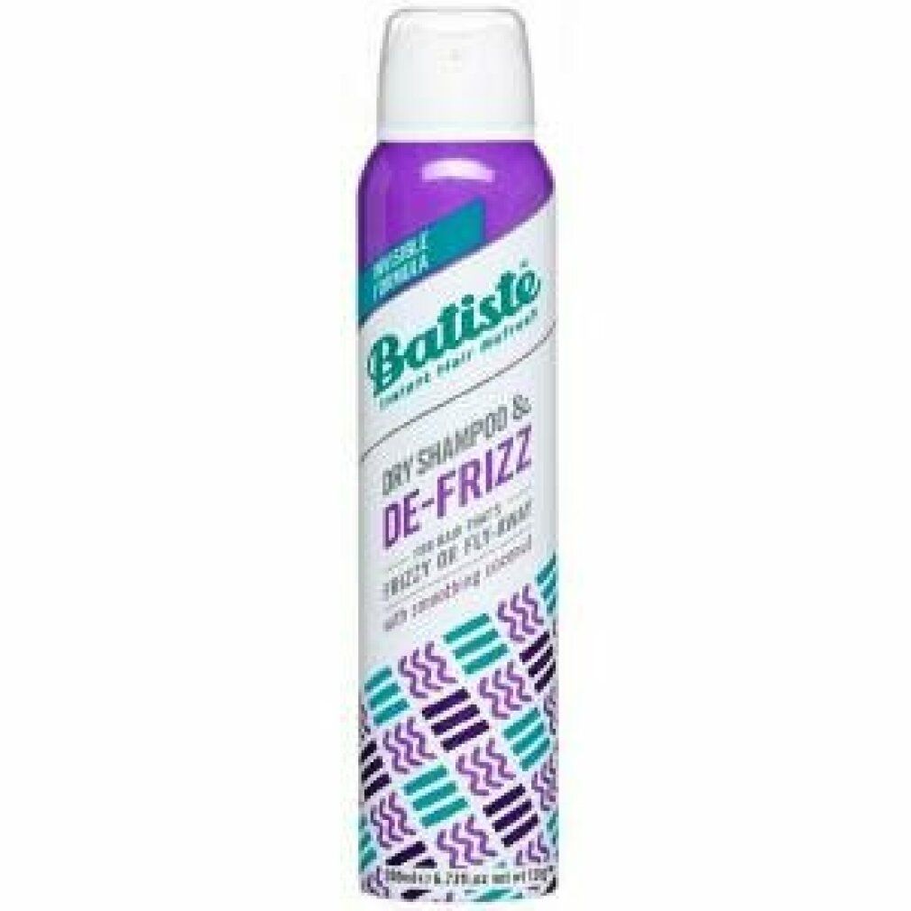 Batiste Dry Shampoo & De-Frizz Aerosoldose, lila und weiß mit Muster.