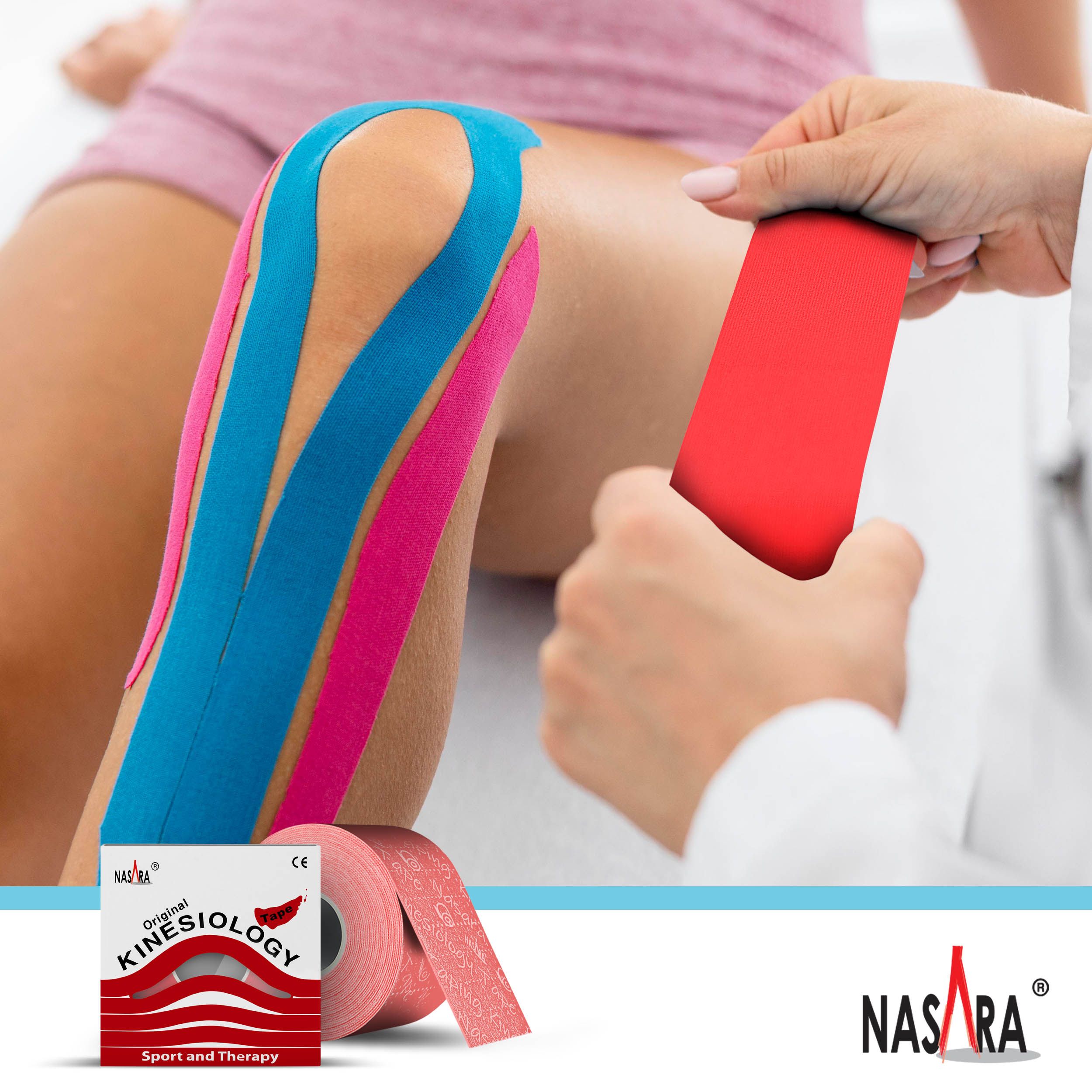 Knie mit Kinesiologie Tape. Rotes Tape wird angebracht. NASARA Kinesiologie Tape Box.