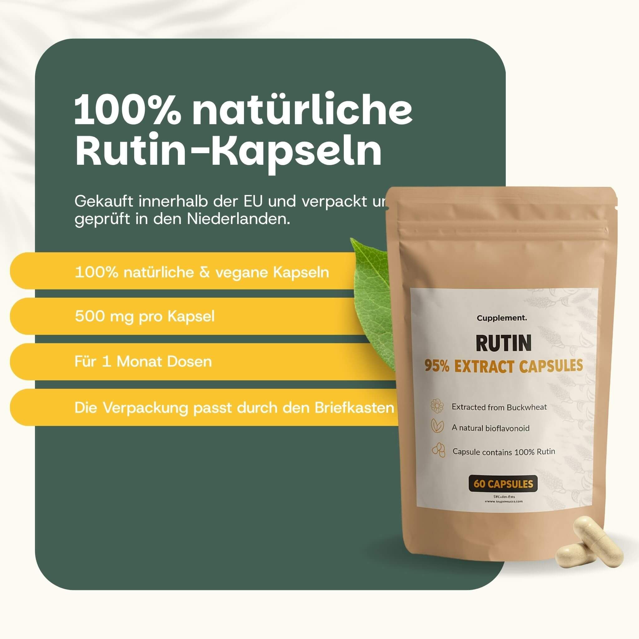 Beutel mit Kapseln. Text: 100% natürliche & vegane Kapseln. 500 mg pro Kapsel. Für 1 Monat.