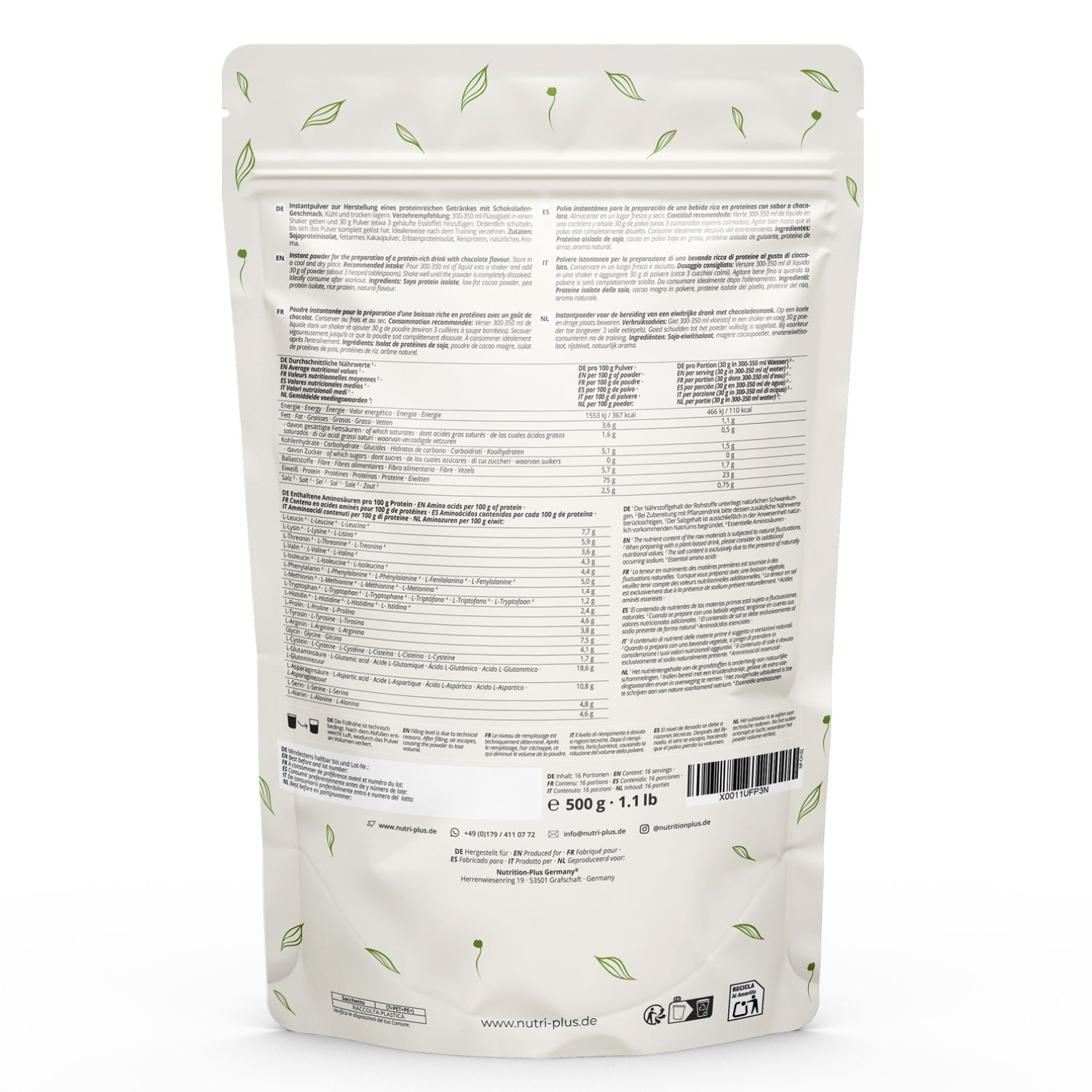 Rückseite der Verpackung von nutri+ Nature's Protein Pulver. Enthält Nährwertangaben und Inhaltsstoffe.