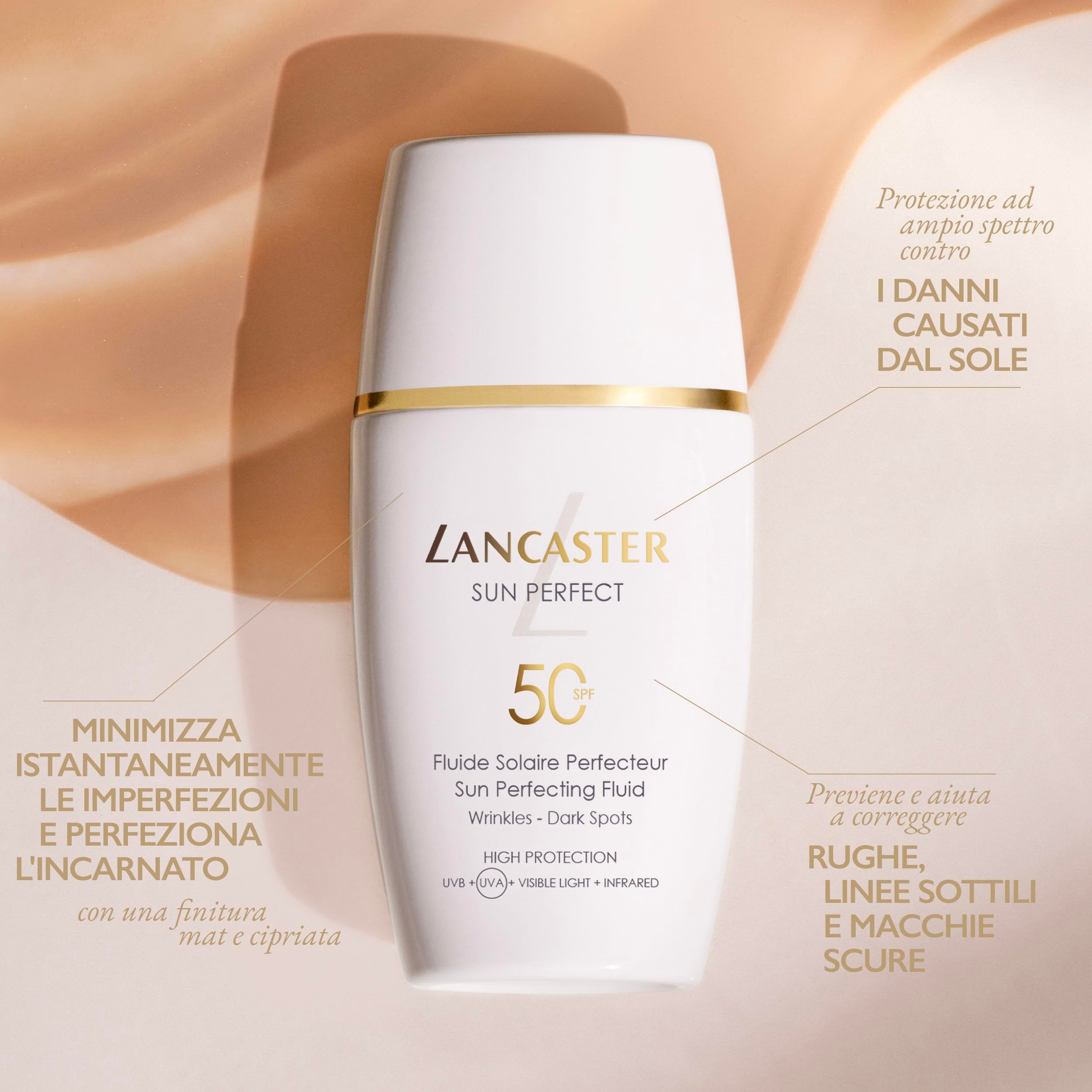 Weiße Flasche mit Text und Illustrationen. "LANCASTER SUN PERFECT" und "50 SPF" sind sichtbar. Text in italienischer Sprache.
