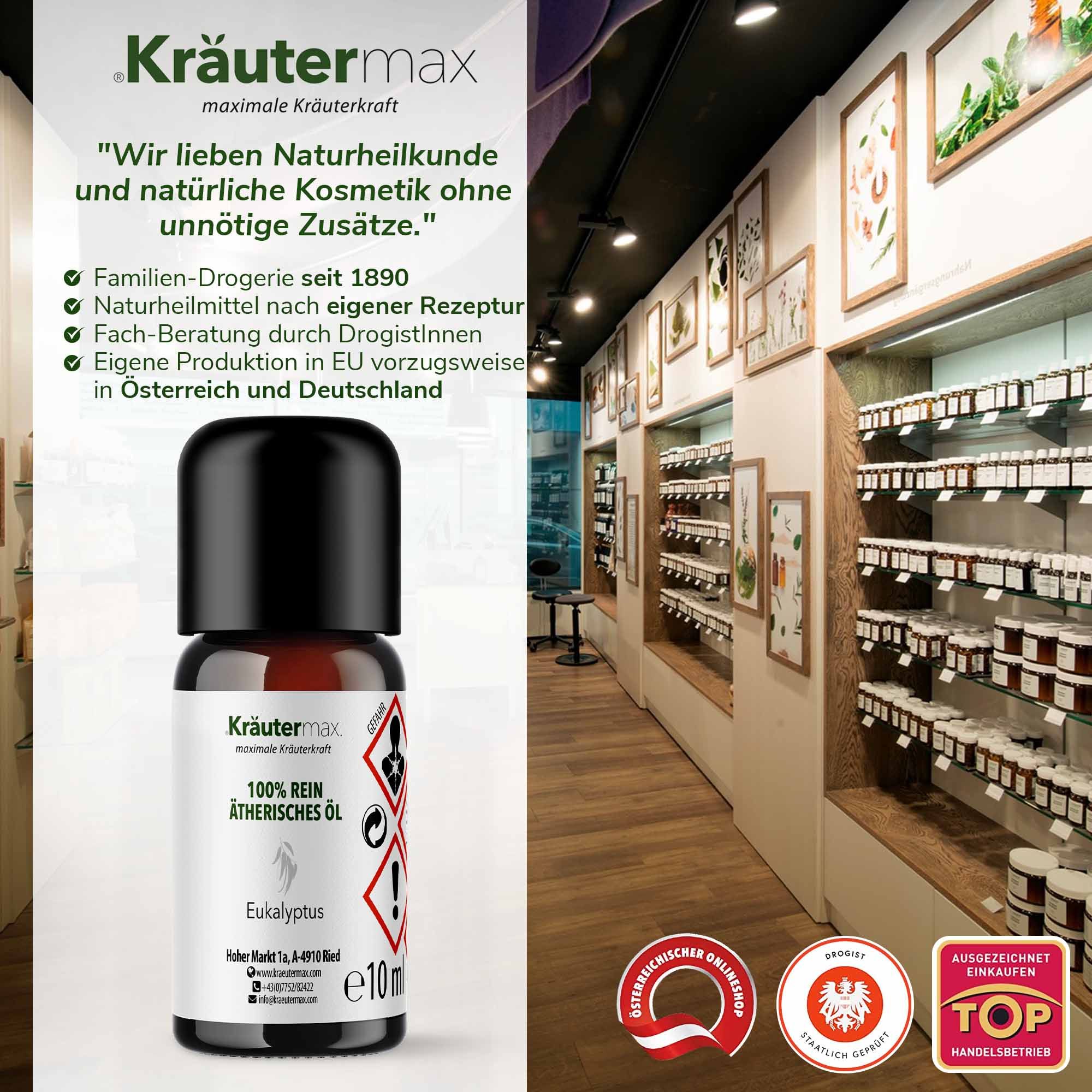 Braune Glasflasche mit schwarzem Deckel. Etikett mit Produktinformationen. Im Hintergrund eine Drogerie mit Regalen und Produkten.
