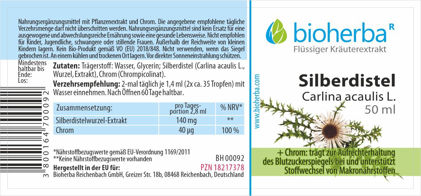 Etikett mit Produktinformationen. Enthält Silberdistelwurzel-Extrakt, Chrom. Text in deutscher Sprache. Flasche mit 50 ml.