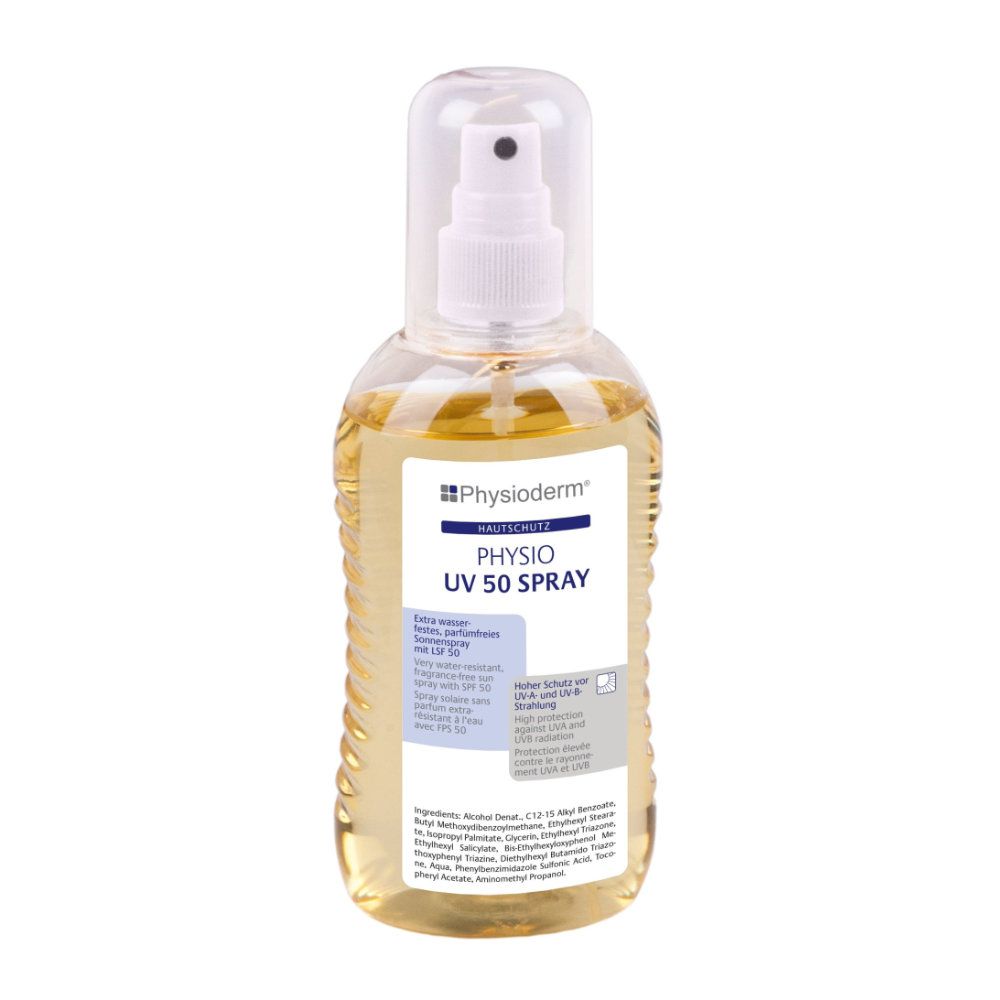 Sonnen-/Hautschutzspray mit Sprühkopf und transparenter Kappe. Aufschrift: PHYSIO UV 50 SPRAY. Marke: Physioderm.