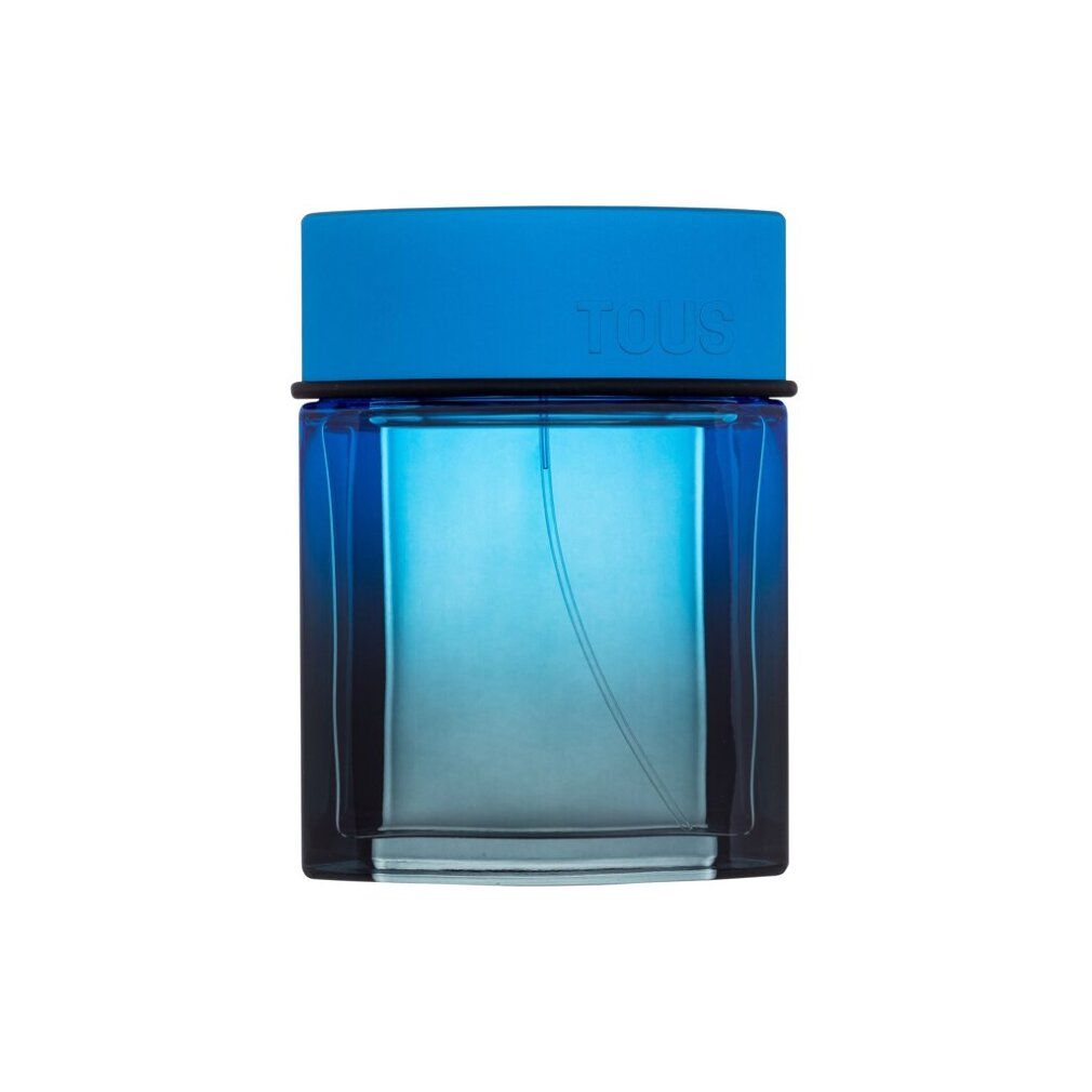 Blau-transparenter Flakon mit blauem Deckel und schwarzer Umrandung.