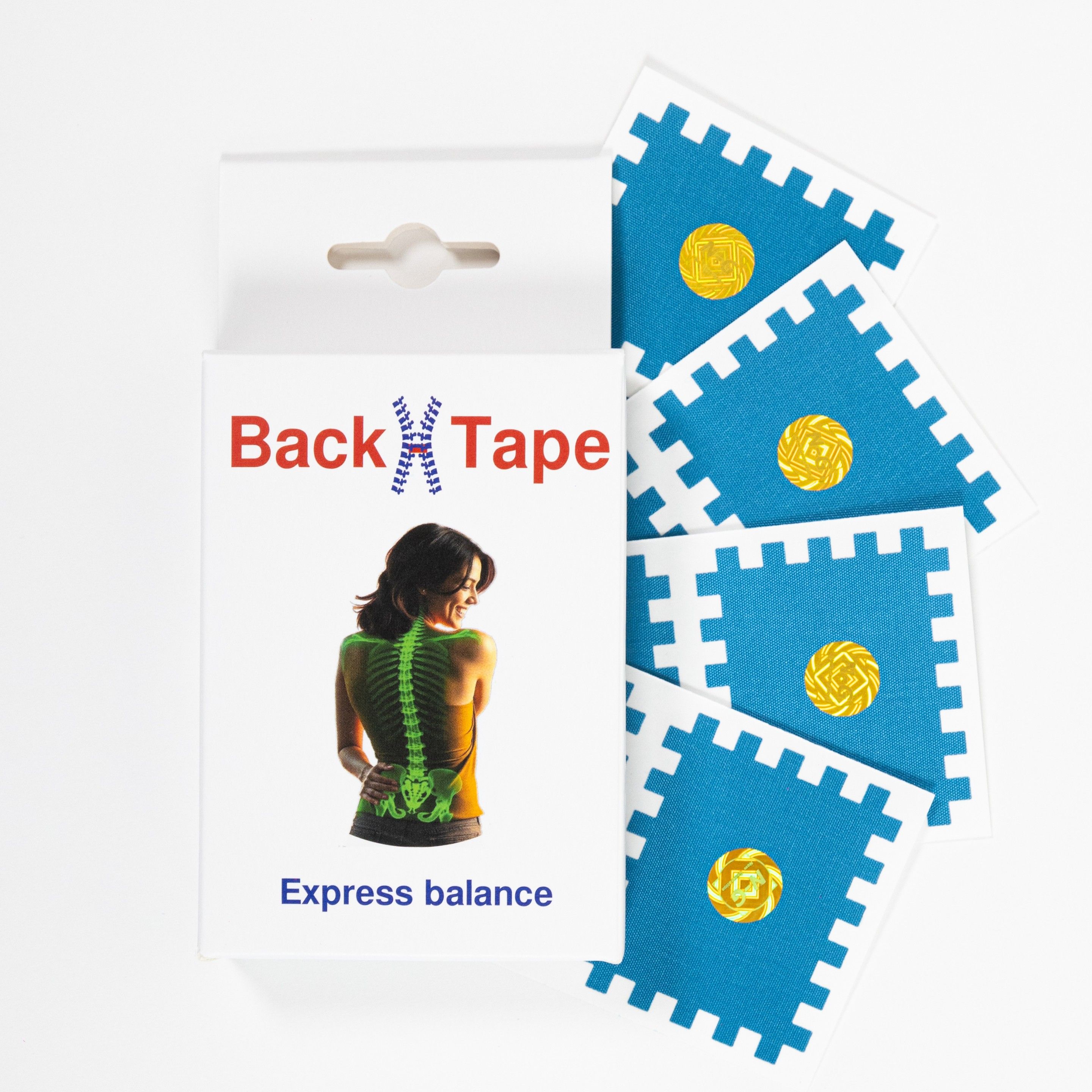 Verpackung "Back Tape" mit Logo und Abbildung. Mehrere blaue Pflaster mit gelbem Zentrum liegen daneben.