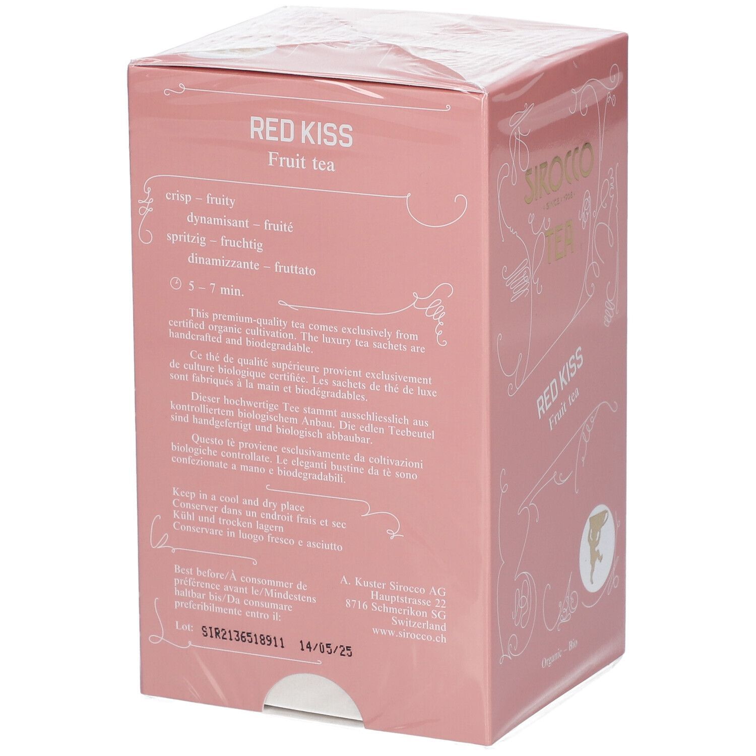 Rosa Schachtel "Sirocco Tea Red Kiss". Rückseite mit Text. Organisch-Bio-Logo.