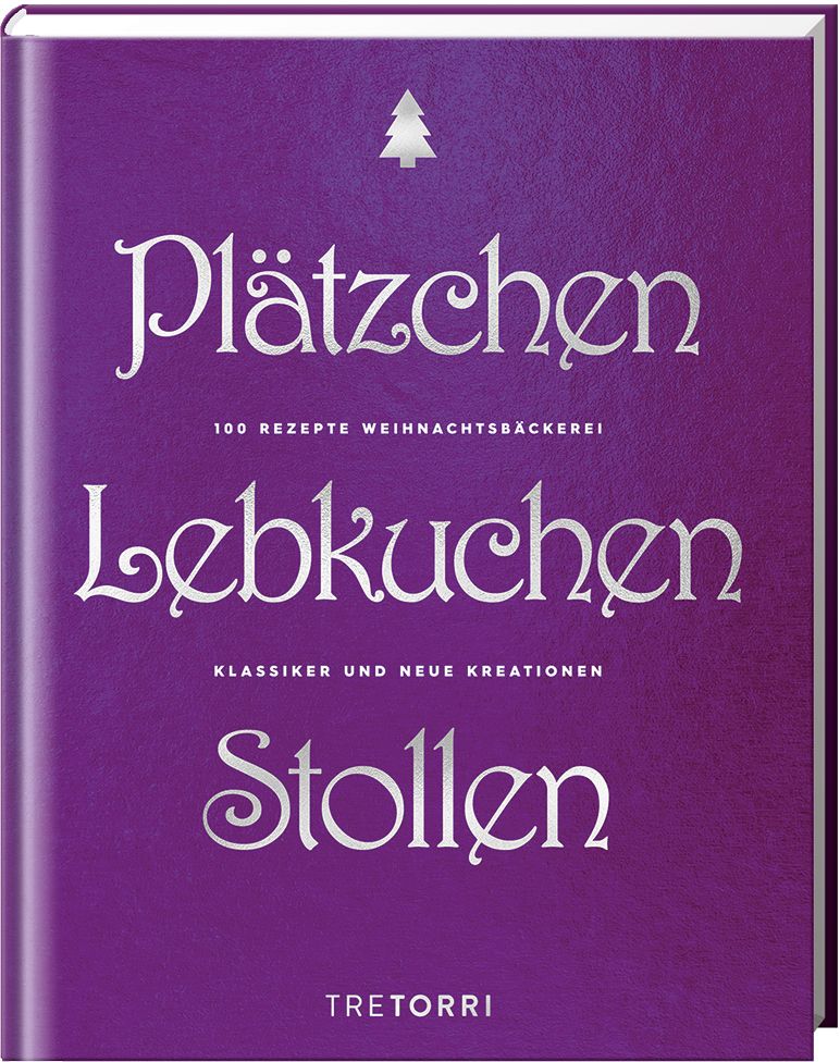 Buch mit dem Titel "Plätzchen, Lebkuchen & Stollen". Auf dem lila Einband stehen die Titel in silberner Schrift. Oben ein Weihnachtsbaum.