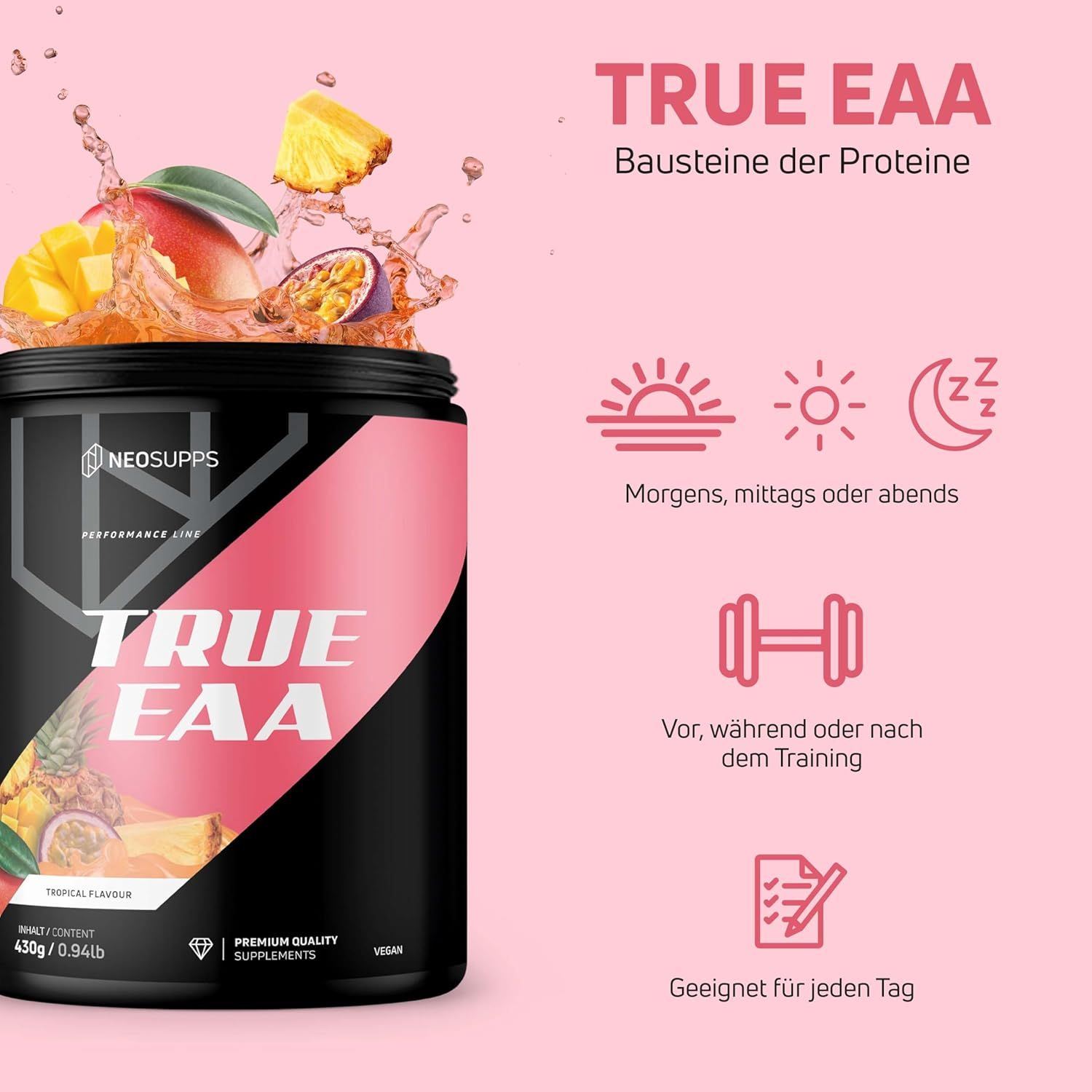 Schwarze Dose TRUE EAA mit Frucht-Illustrationen. Aufschrift: Morgens, mittags oder abends. Vor, während oder nach dem Training.