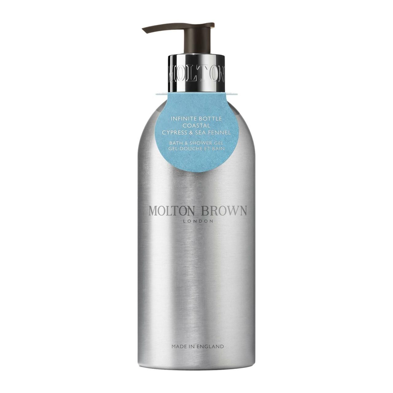 Silberne Flasche mit Pumpspender für Molton Brown Duschgel.