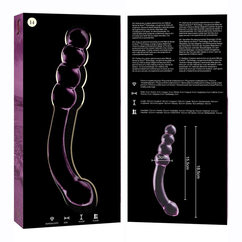 Verpackung mit Dildo aus Borosilikatglas. Schwarzer Karton mit Produktabbildung und Text. Maße des Produkts angegeben.