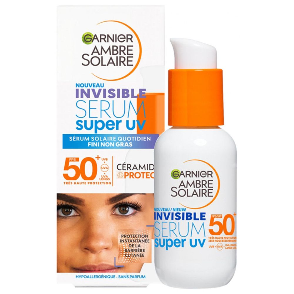 Garnier Ambre Solaire Serum LSF 50+ Flasche mit Spender. Weiß, orangefarbene Akzente, Produktinformationen.
