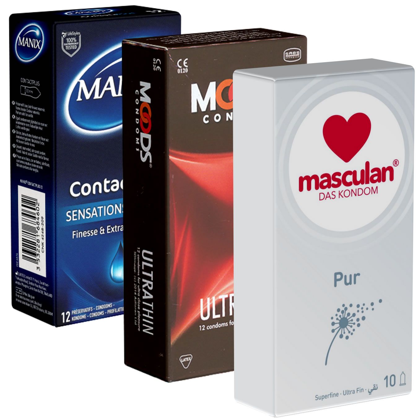 Drei Kondom-Verpackungen. Links: Manix, blau. Mitte: Mods, rot. Rechts: Masculan, weiß. Alle mit Produktinformationen.