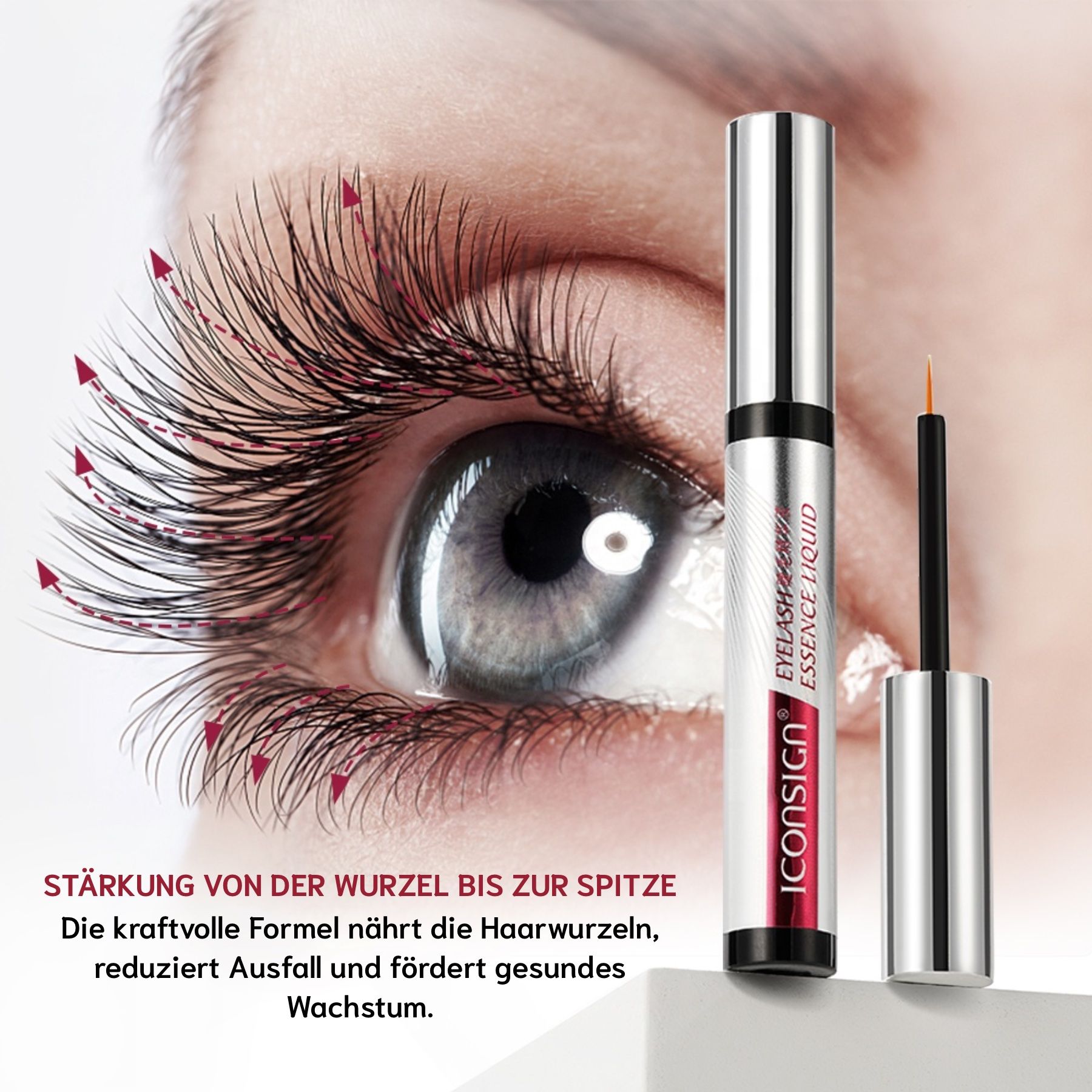 Auge mit langen Wimpern. Flasche mit Applikator. Text: Stärkung von der Wurzel bis zur Spitze.