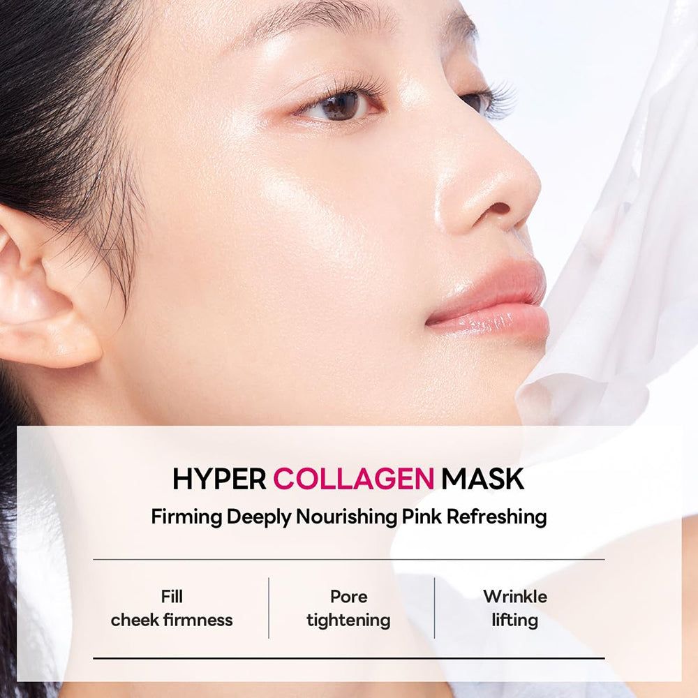 Gesicht einer Frau mit Hyper Collagen Maske. Text: Firming, Deeply Nourishing, Pink, Refreshing. Vorteile: Wangenfestigkeit, Porenverengung, Faltenreduzierung.