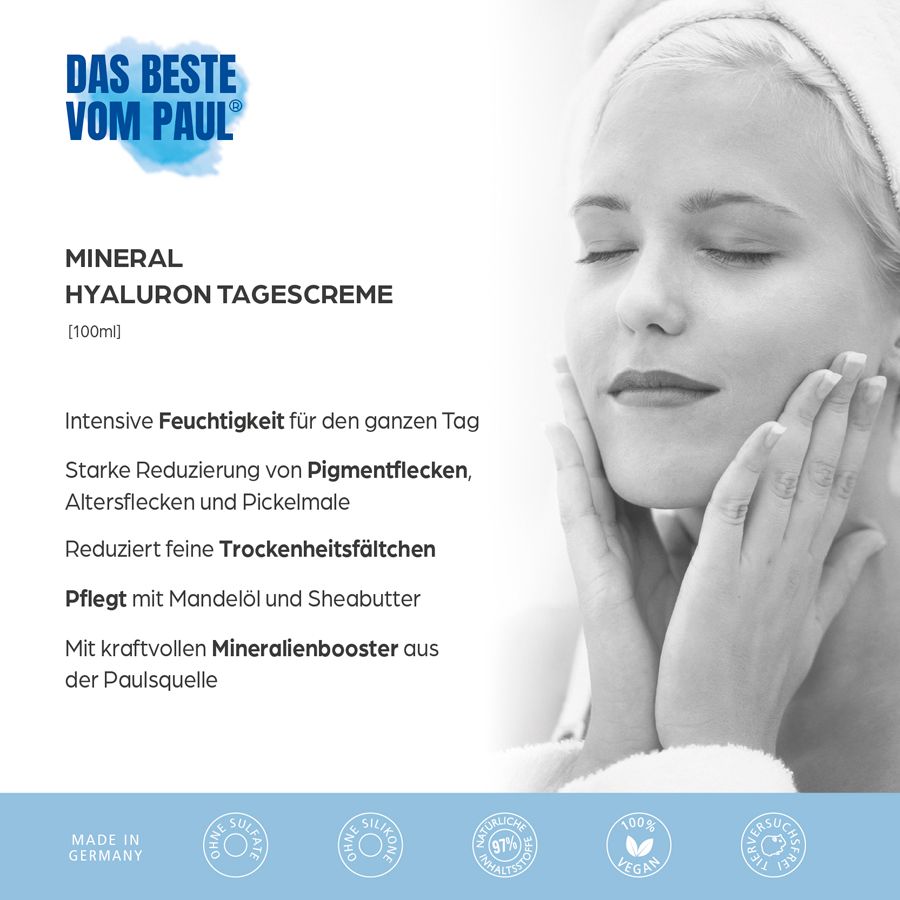 Frau mit Handtuch auf dem Kopf. Aufschrift: Das Beste vom Paul. Mineral Hyaluron Tagescreme. Text über Hautpflege.