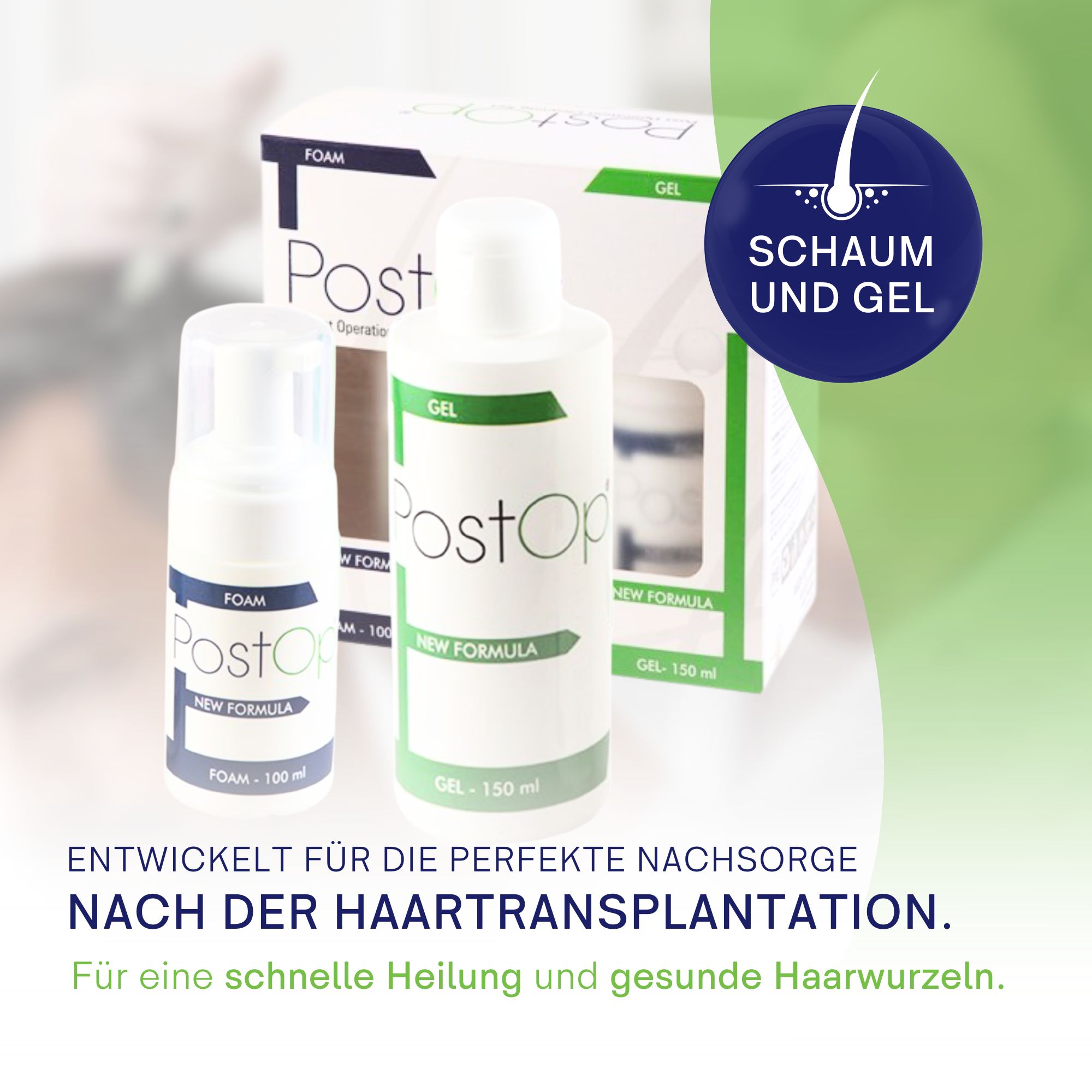 PostOp Set. Zwei Flaschen und eine Verpackung. Aufschrift: Foam, Gel, New Formula. Weiß und blau.