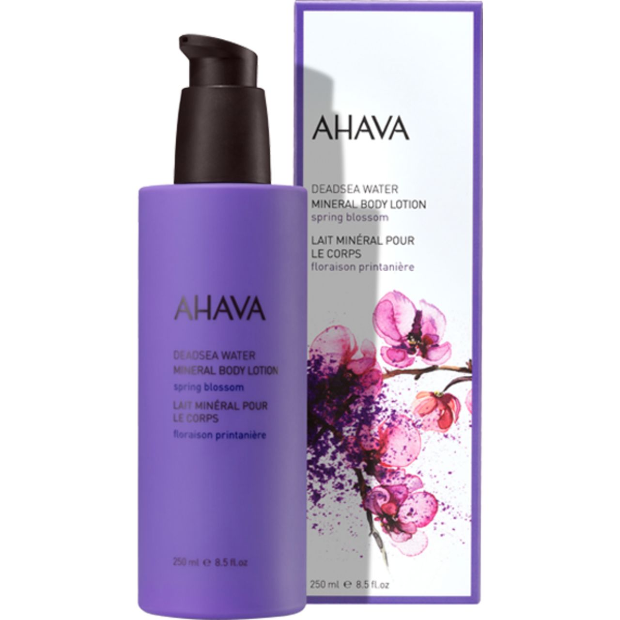 AHAVA Mineral Body Lotion mit Verpackung. Lila Flasche und Schachtel mit Blüten.