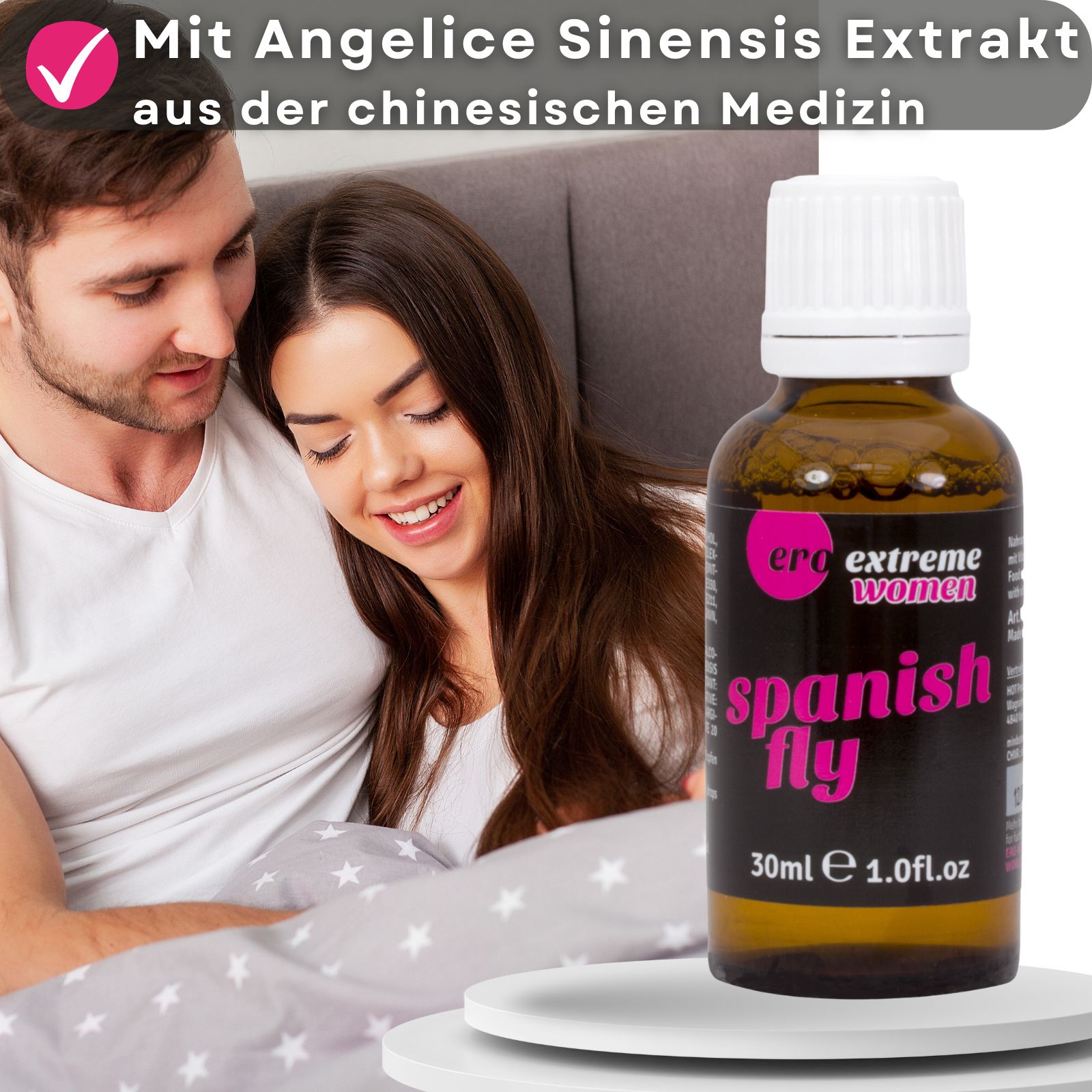 Paar im Bett. Produkt und Verpackung. Aufschrift: Spanish Fly strong. Logo: Ero Extreme Women. Checkliste.