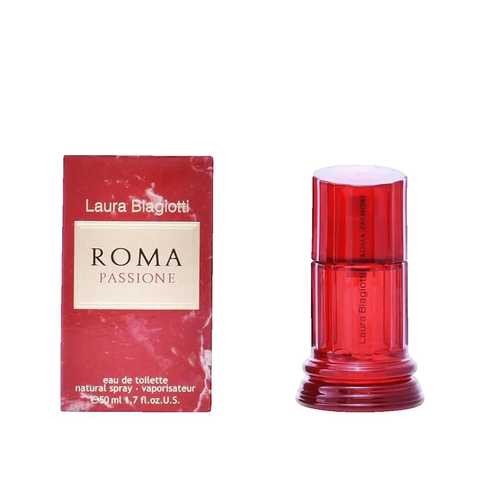 Roter Flakon und Verpackung von Laura Biagiotti Roma Passione. Flakon zylindrisch. Verpackung rot mit Logo.