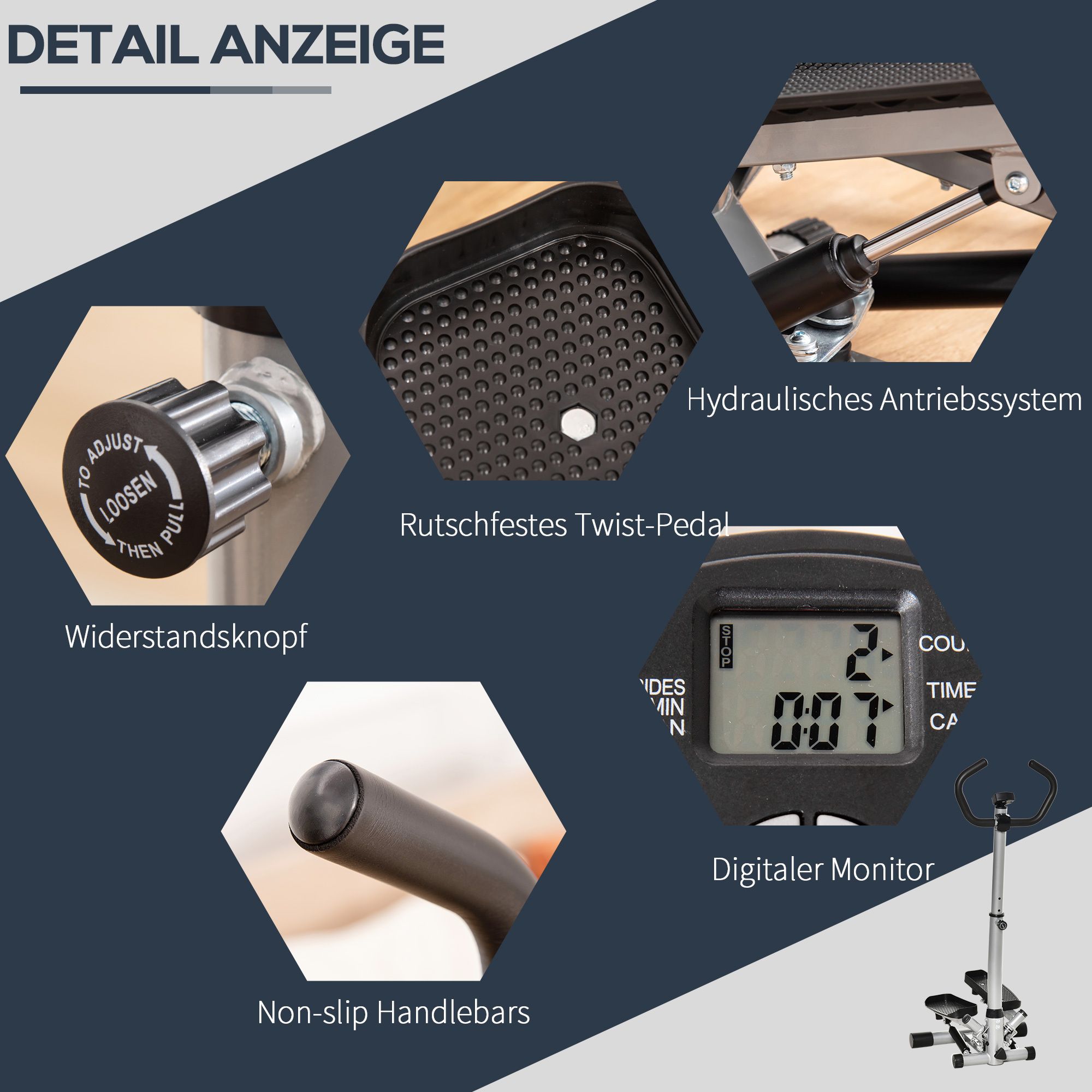 Detailansicht des Steppers. Widerstandsknopf, rutschfestes Twist-Pedal, digitaler Monitor, rutschfeste Lenker. Hydraulisches Antriebssystem.