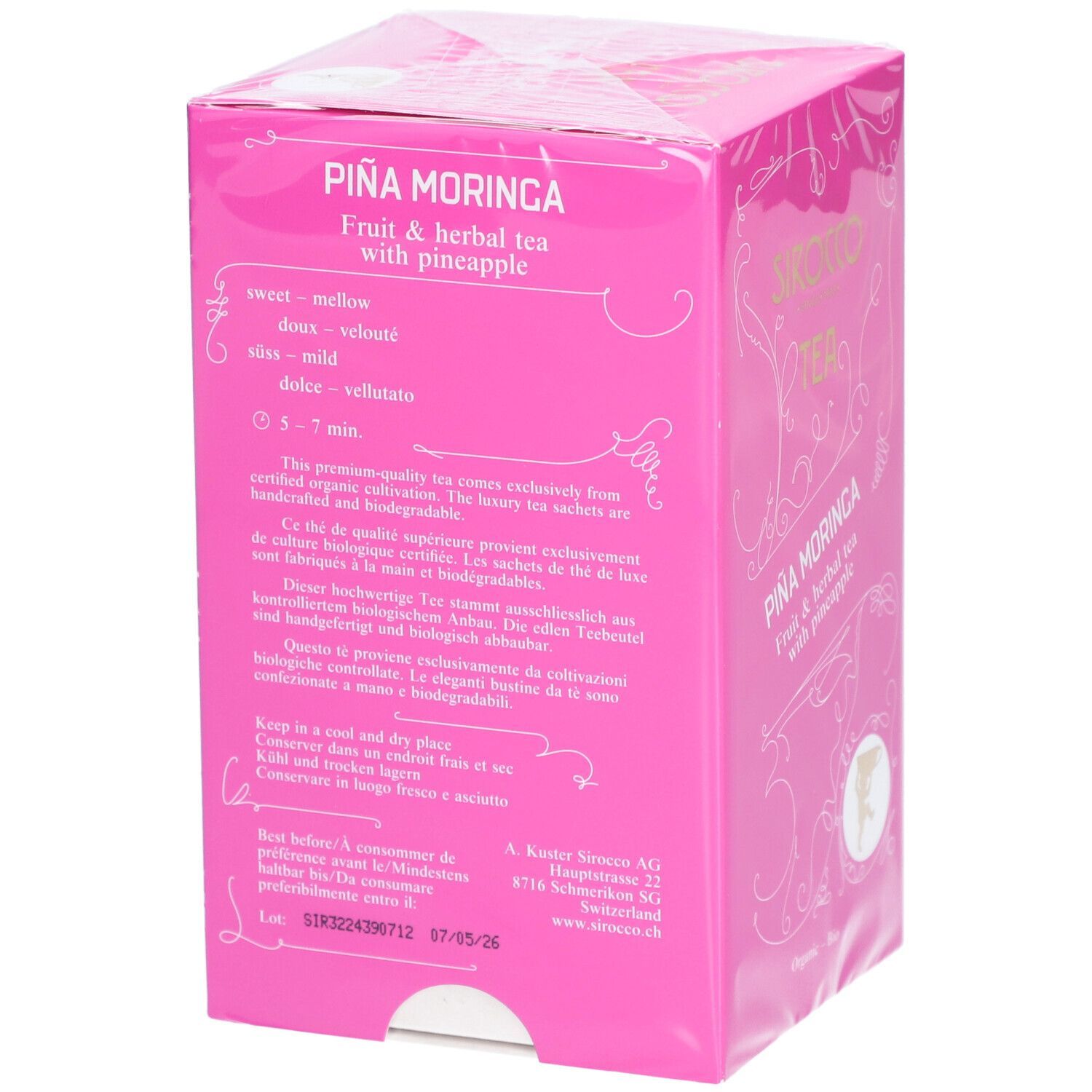 Seite der rosa Verpackung. Beschreibung des Tees, Hinweise zur Zubereitung. Haltbarkeitsdatum. Bio-Zertifizierung.
