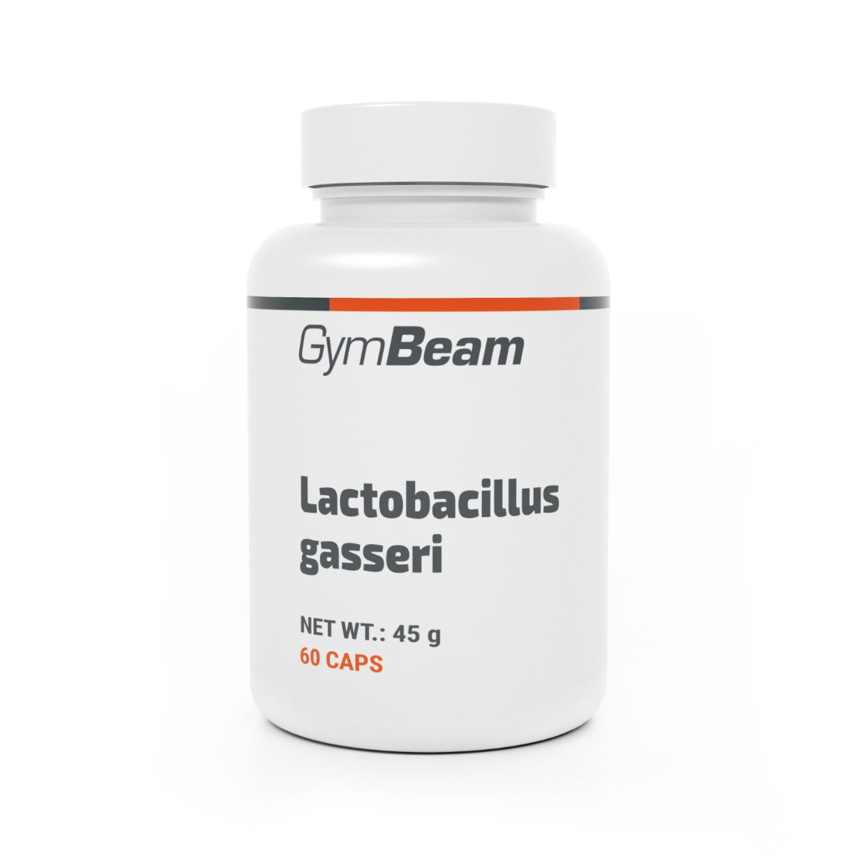 GymBeam Lactobacillus gasseri Kapseln: weiße Dose mit orange-schwarzem Etikett, 60 Kapseln.