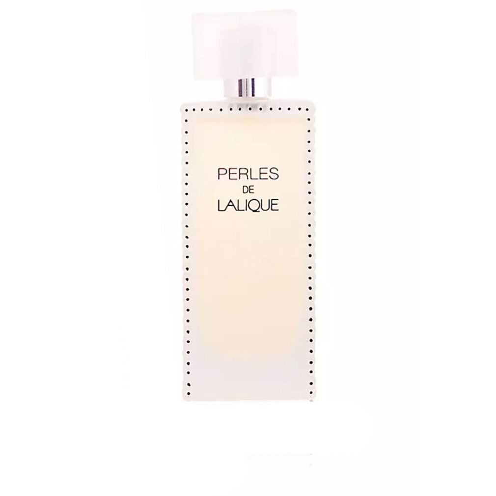 Rechteckiger Flakon von Perles de Lalique Eau de Parfum Spray. Quadratischer Deckel. Produktname und Marke auf dem Flakon.