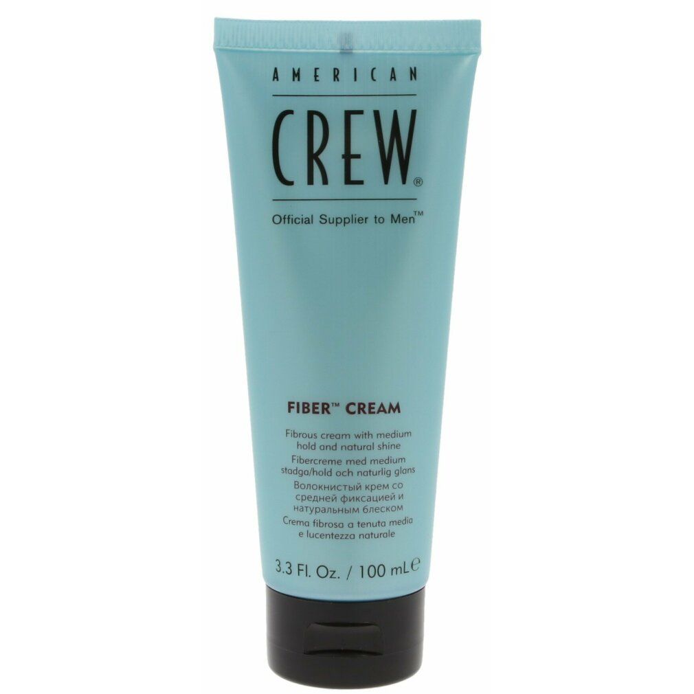Hellblaue Tube mit schwarzem Deckel. Aufschrift: AMERICAN CREW, FIBER CREAM. Volumen: 100 ml.