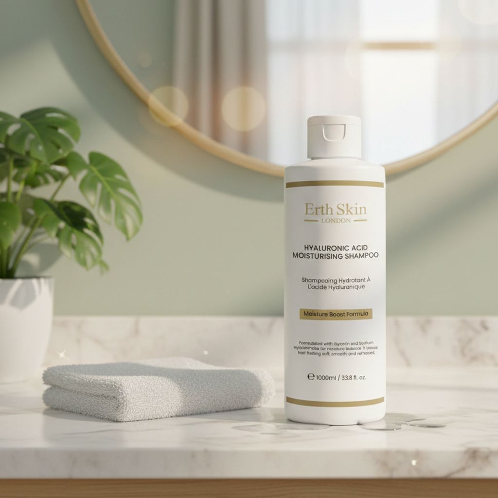 Weißes Shampoo mit goldfarbenen Akzenten. Aufschrift: Erth Skin London, Hyaluronsäure Feuchtigkeits-Shampoo. Steht neben einem Handtuch auf einer Marmoroberfläche.