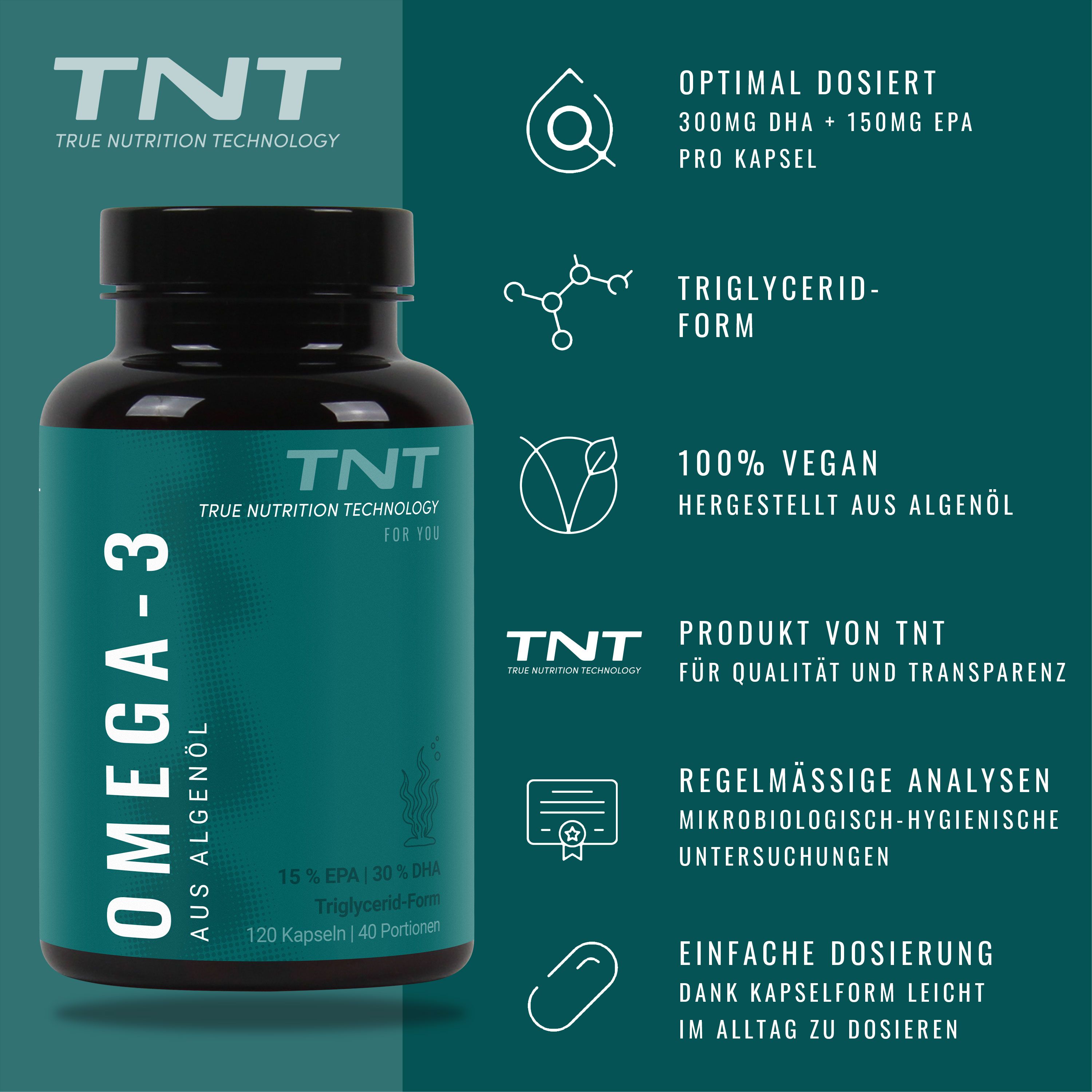 Dunkle Flasche mit grüner Etikette. Text und Icons mit Informationen zu Omega-3 aus Algenöl.