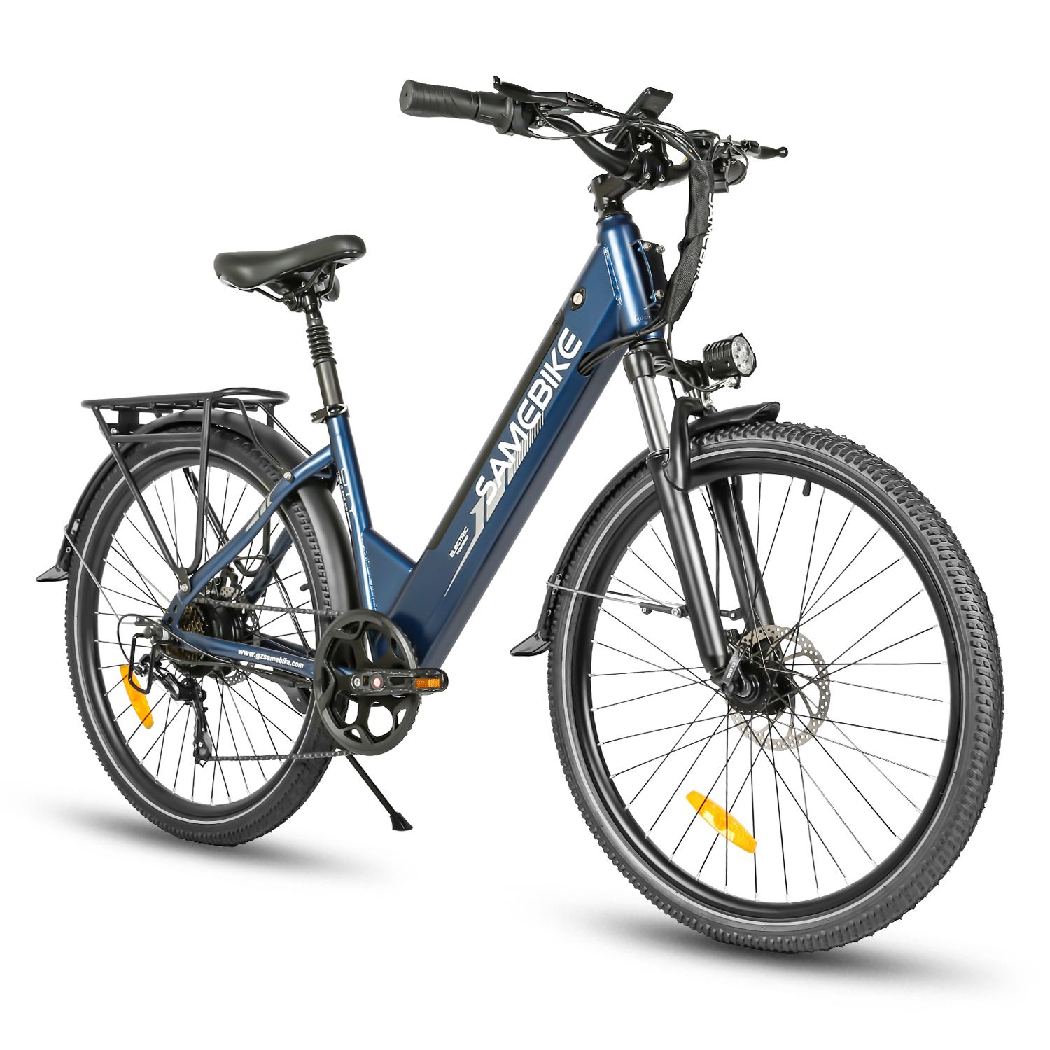 Blaues E-Bike. Marke SAMEBIKE. Schwarze Reifen, Schutzbleche, Gepäckträger. Scheinwerfer und Rücklicht.