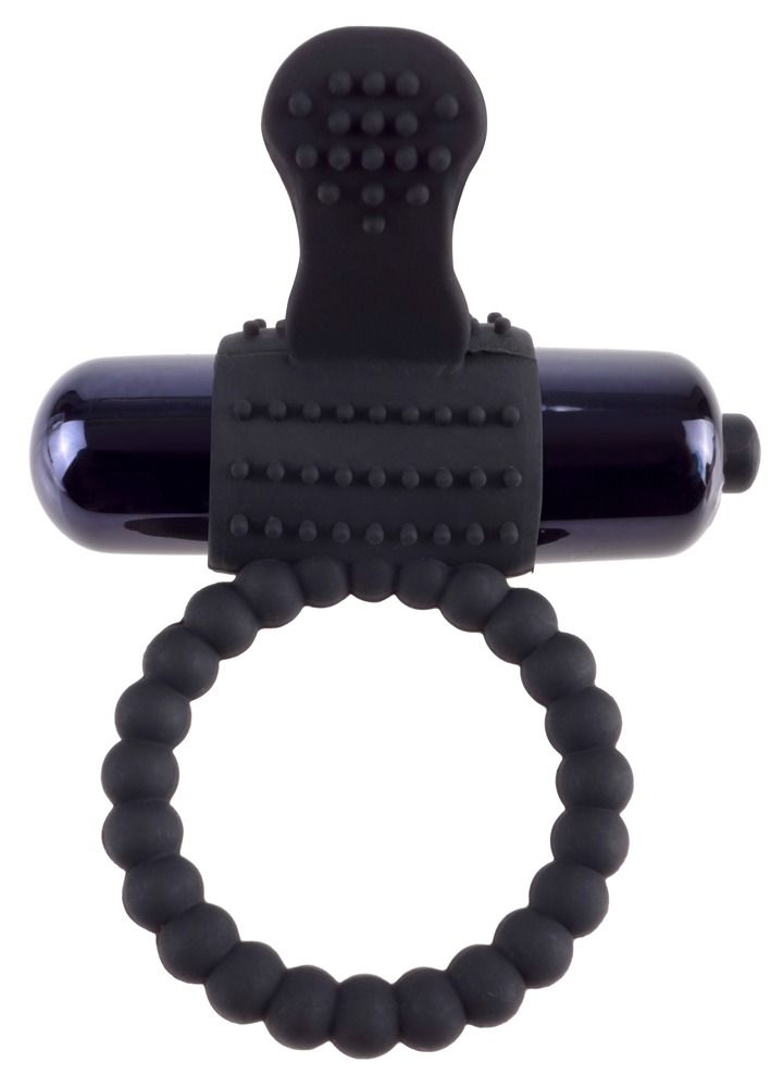 Schwarzer Vibrationsring aus Silikon mit perlmuttfarbenem Vibrator und Noppen.