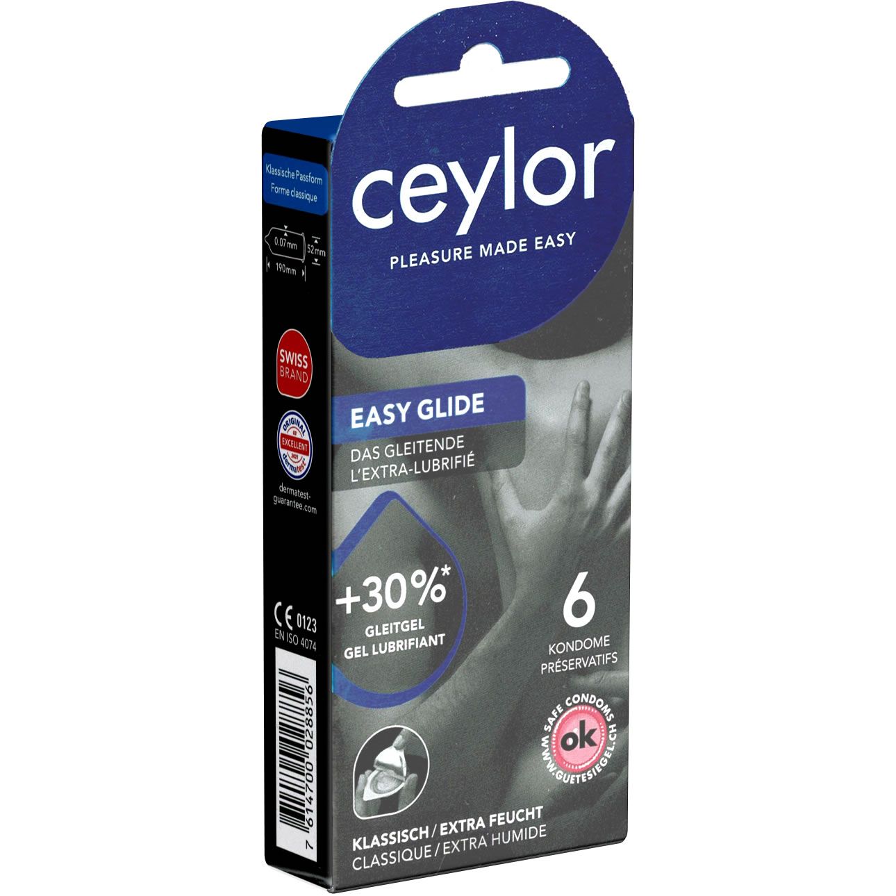 Verpackung von Ceylor Easy Glide Kondomen. Enthält 6 Kondome. Aufschrift: Easy Glide, +30% Gleitgel, Klassisch/Extra feucht. Swiss Brand.