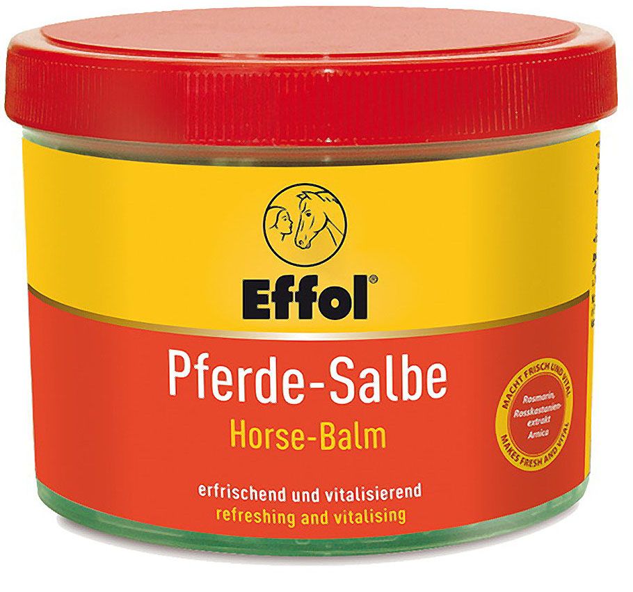 Gelbes Glas mit rotem Deckel. Aufschrift 'Effol Pferdesalbe'.