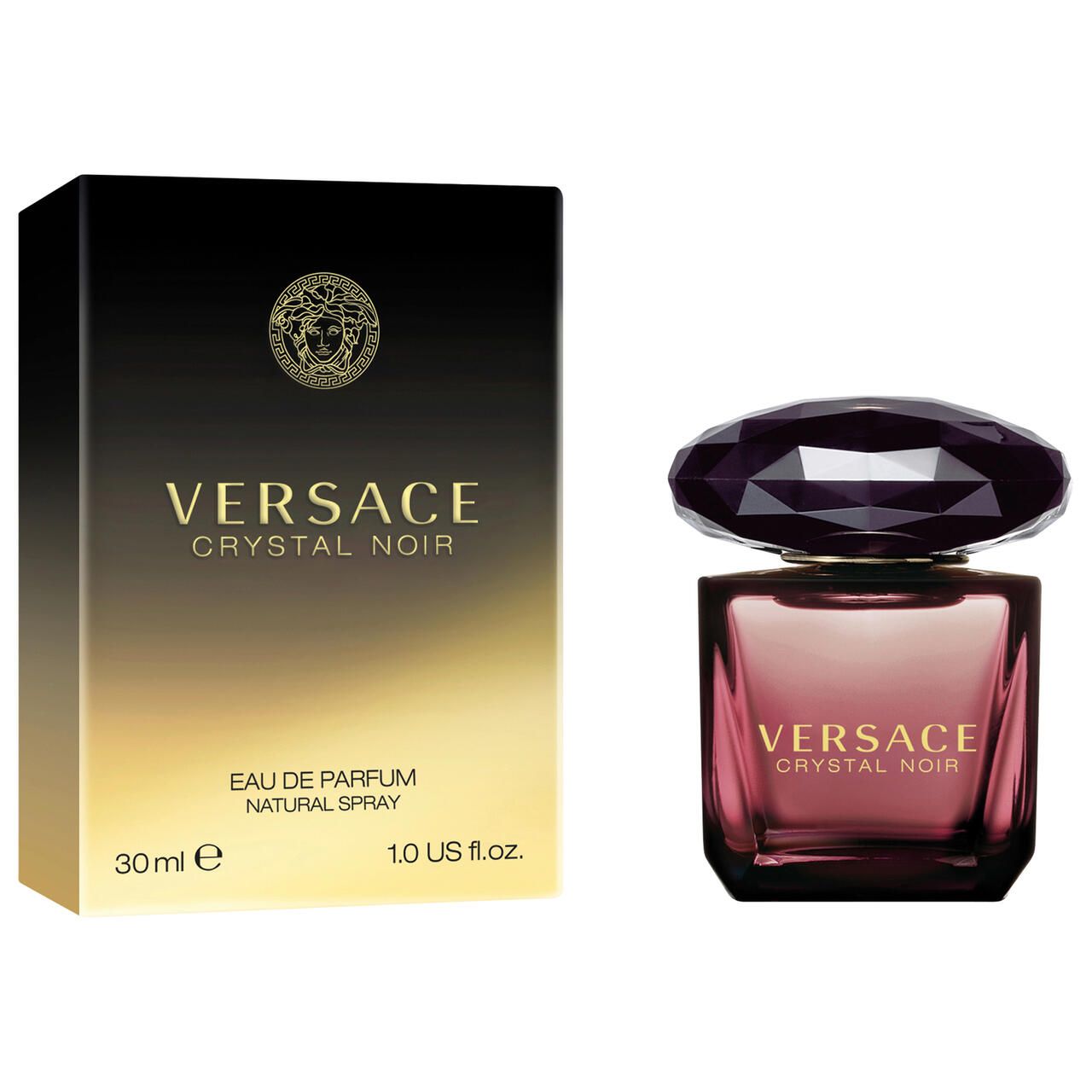 Versace Crystal Noir Eau de Parfum, 30 ml, mit goldener Verpackung. Flakon und Verpackung nebeneinander.