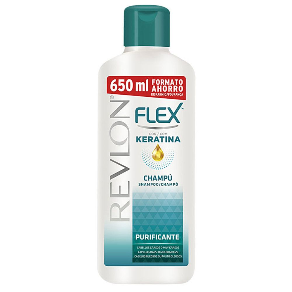 Revlon Flex Shampoo. Weiße Flasche, grüner Deckel. Text: 650 ml, Flex, Keratin, Champú. Reinigend. Für fettiges Haar.